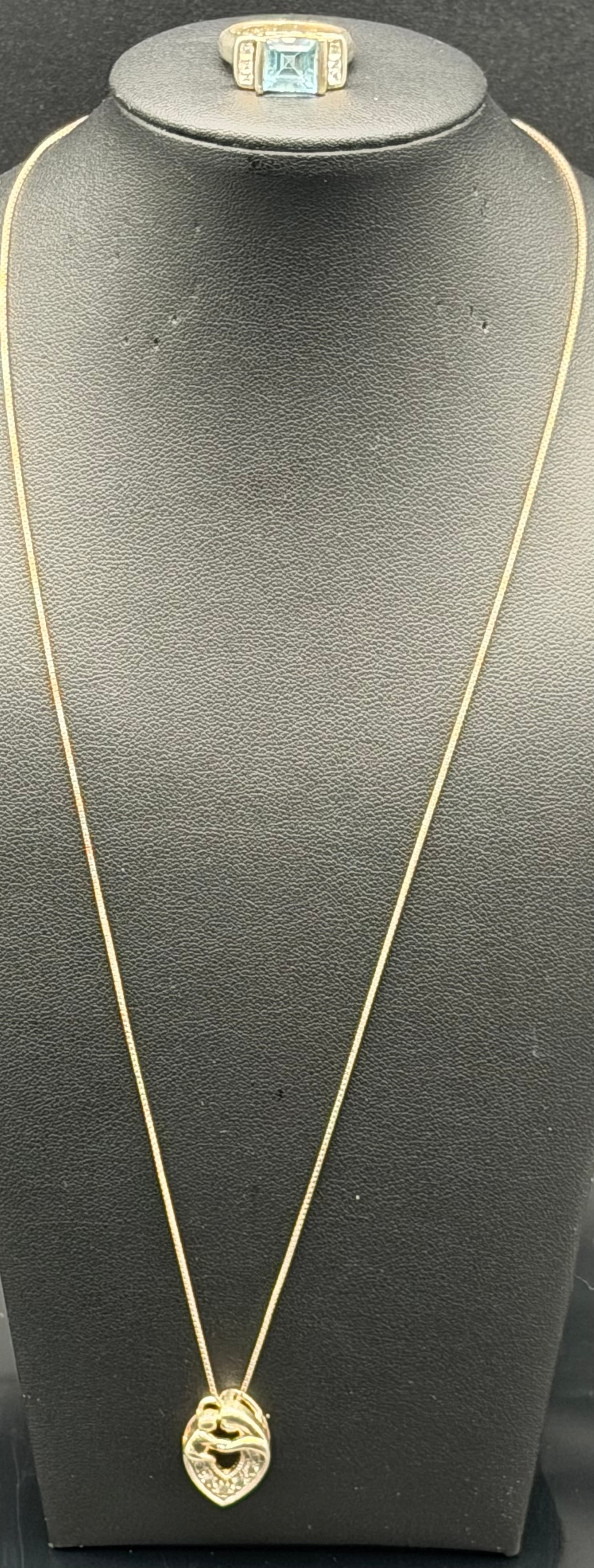 Vintage Sterling Silver 925 Heart Pendant Necklace & Blue Stone Ring Set 11g: Matching sterling silver jewelry set including a heart pendant necklace and coordinating square blue stone ring. Both pieces are marked 925. The necklace features a decorative heart pendant with gold-