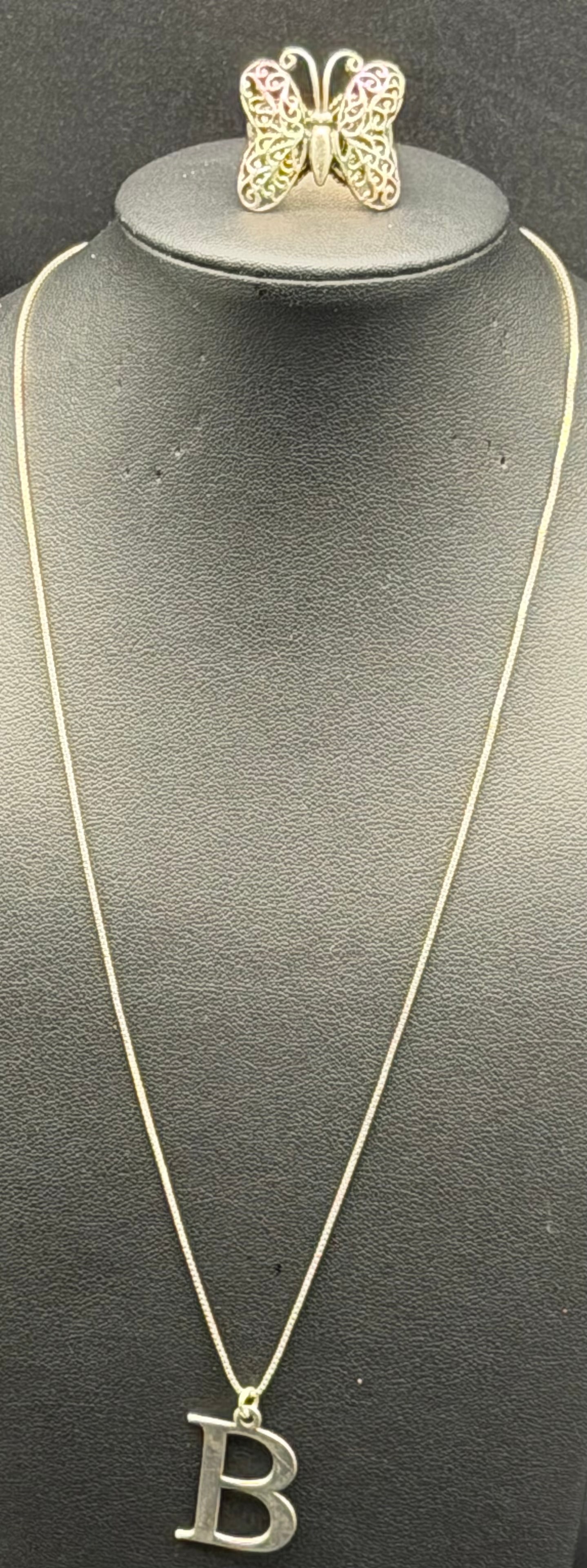 Sterling Silver 925 Initial B Necklace & Butterfly Ring Set 11g: Sterling silver jewelry set including an initial “B” pendant necklace and a decorative butterfly ring. Both pieces are marked 925. The ring features an openwork butterfly design tone finish ov