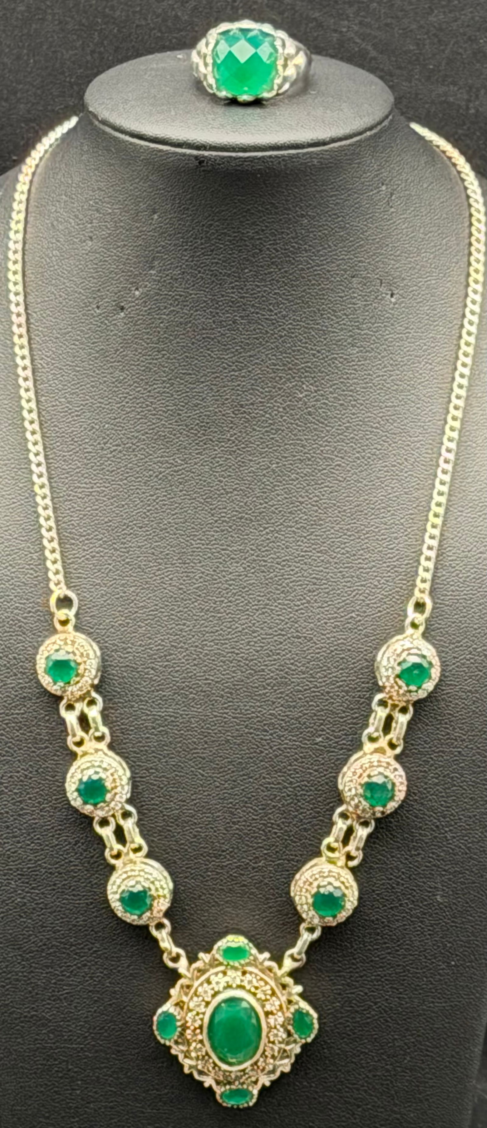Vintage Sterling Silver 925 Green Stone Necklace & Ring Set 32g (1 of 12)