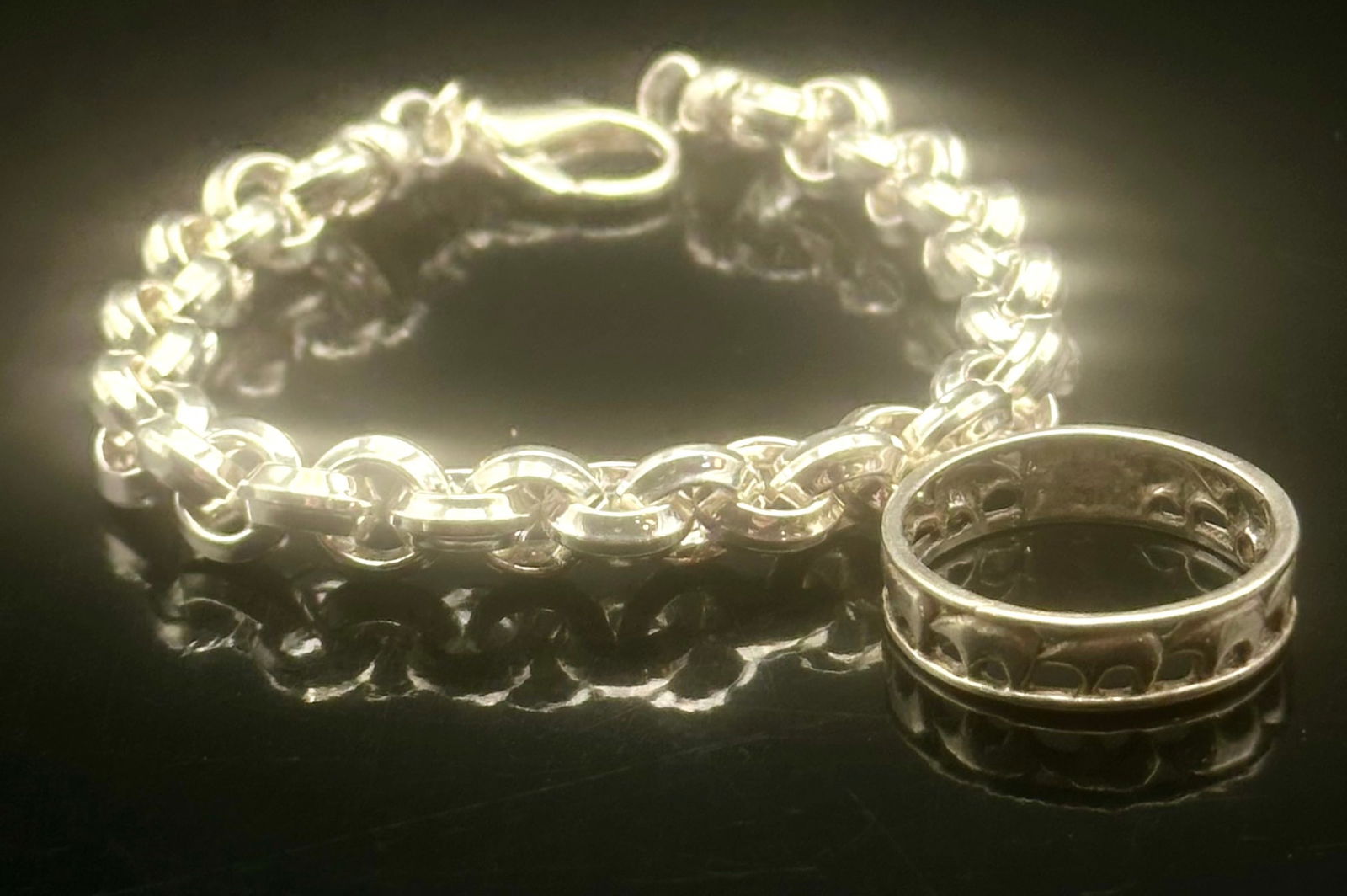 Milor Italy 925 Sterling Silver Link Bracelet 19g with Vintage Sterling Decorative Band Ring (1 of 14)