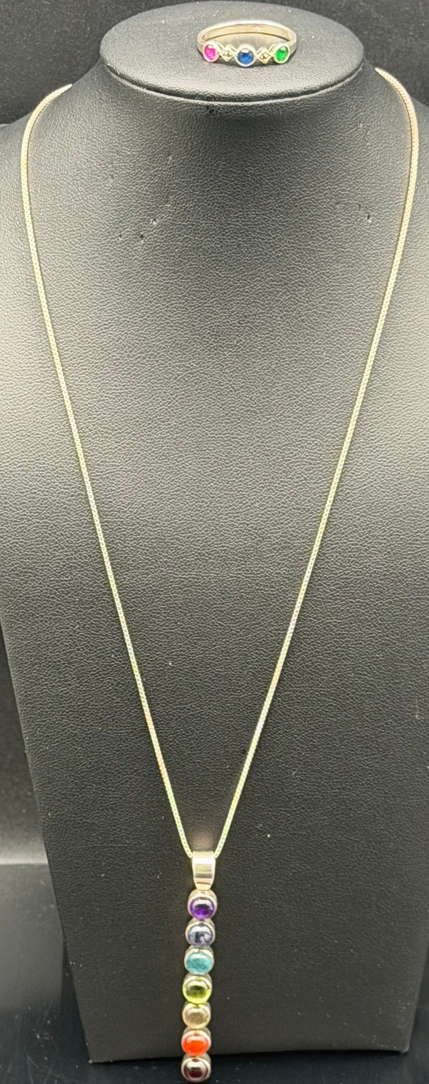 Elegant Sterling Silver 925 Multi-Color Stone Pendant Necklace & Ring Set 11g (1 of 12)