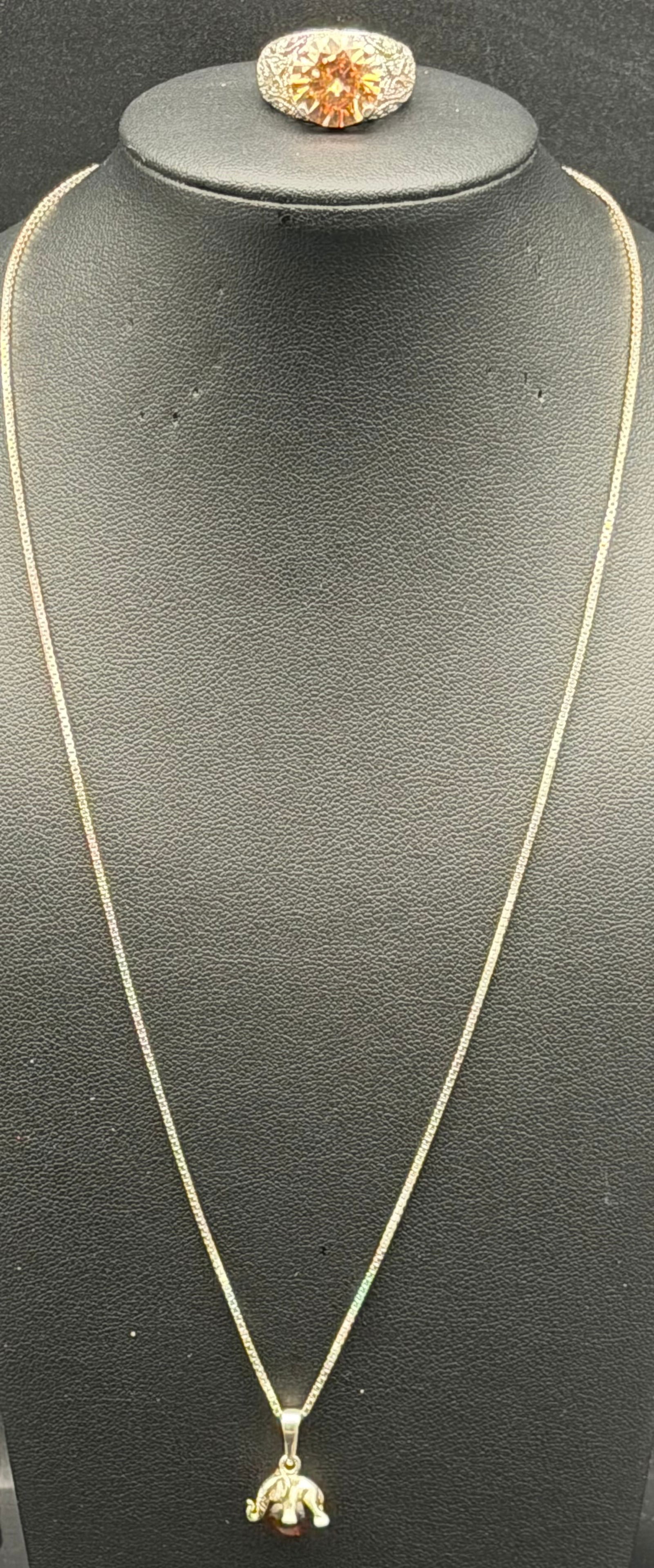 Italy Sterling Silver 925 Pendant Necklace & Ring Set 12g: Matching sterling silver necklace and ring set by Italian maker Unoaerre (marked 925 Italy with maker logo). Features a detailed ring with large faceted amber-tone stone and coordinating pendant neckl