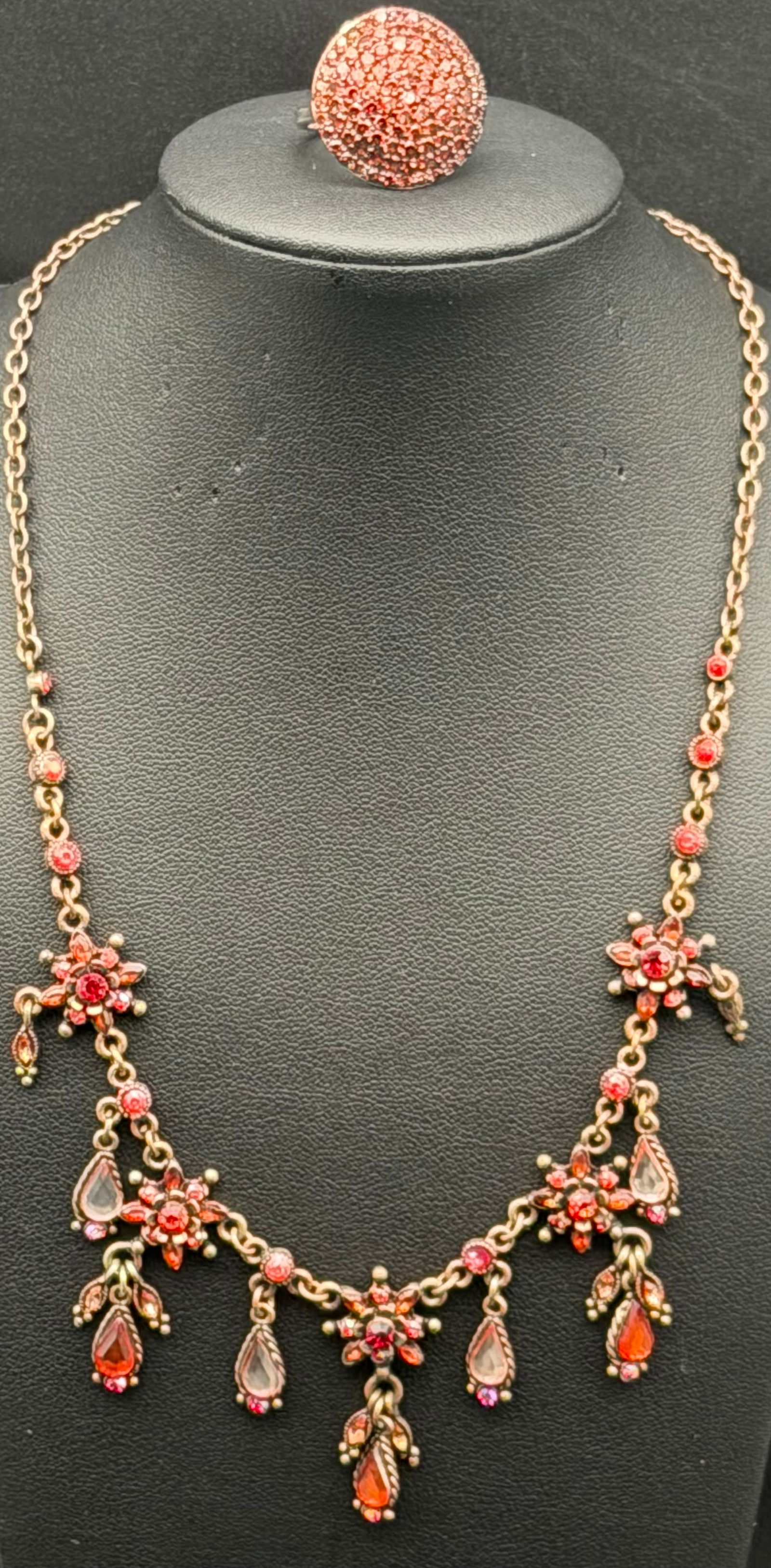 Vintage 925 Sterling Silver Red Crystal Drop Necklace & Ring Set – 32g (1 of 11)