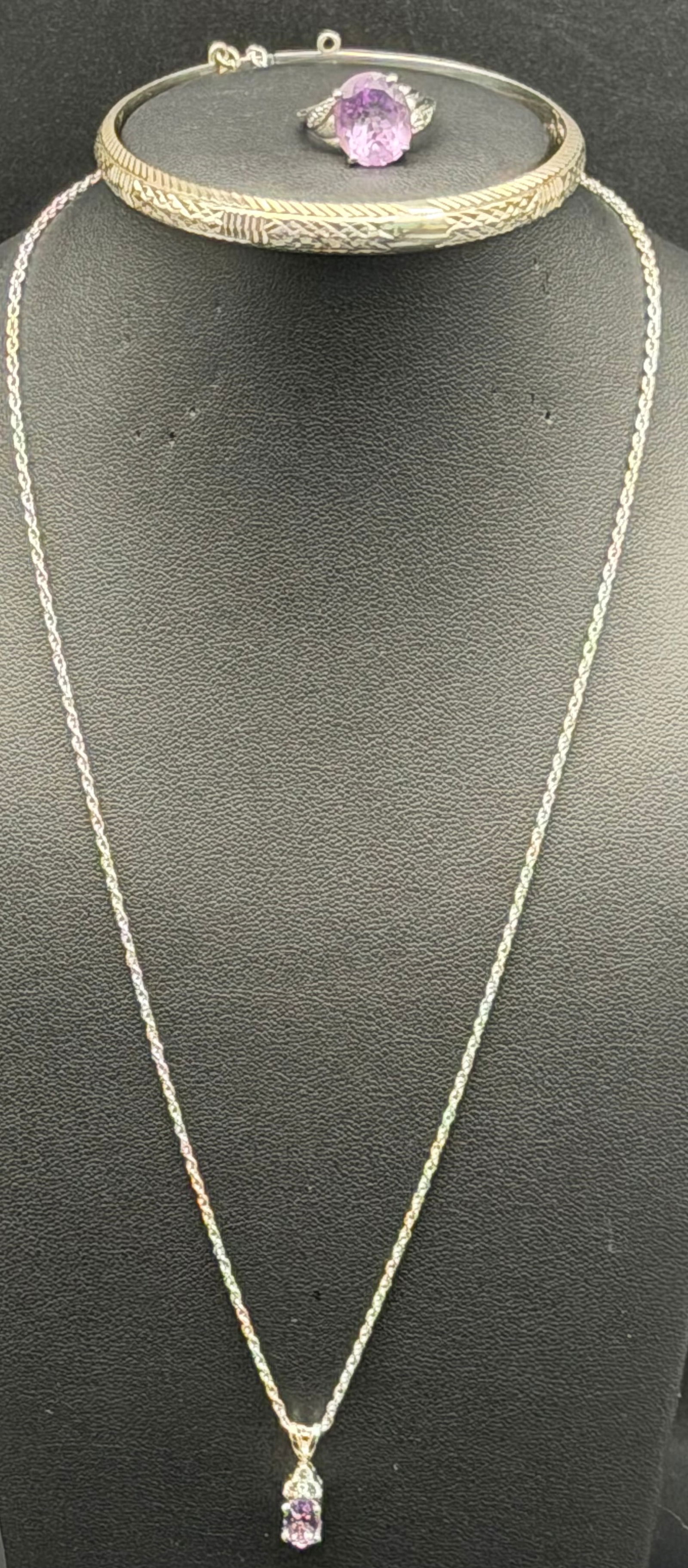 Elegant 925 Sterling Silver Vermeil Necklace Bracelet Ring Set Purple Stone 15g (1 of 15)