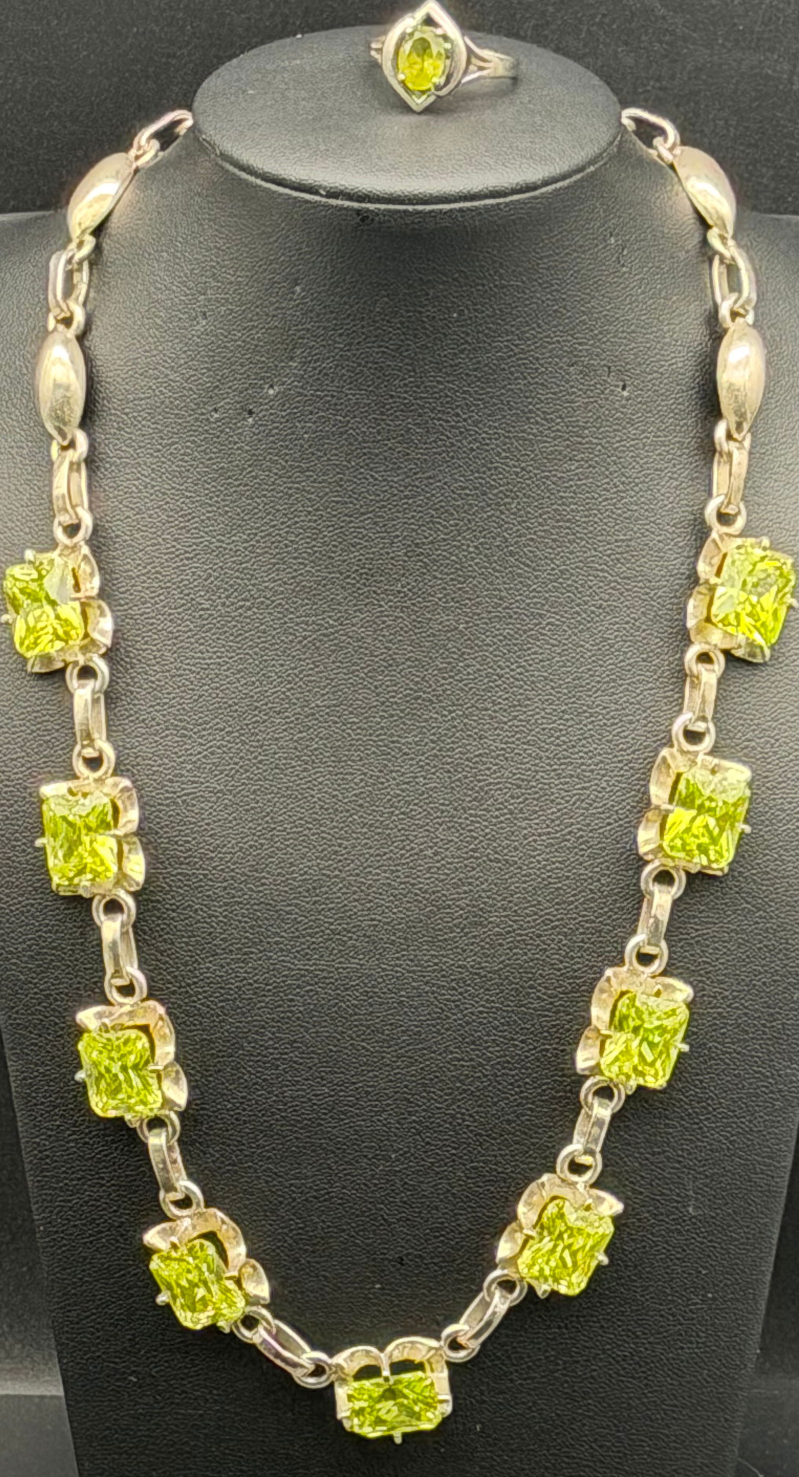 925 Sterling Silver Peridot Color Stone Necklace & Ring Set 62g (1 of 12)