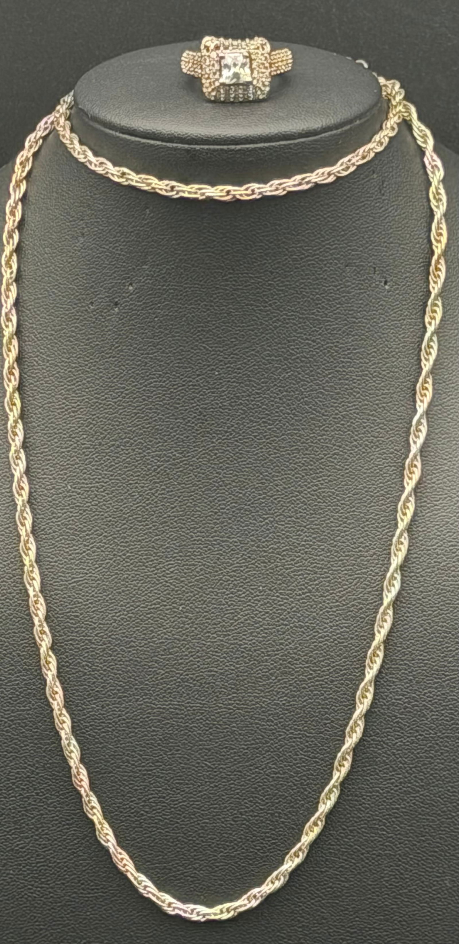 Vintage 925 Sterling Silver Thailand Rope Chain Necklace & Ring Set 16g Two-Tone (1 of 12)