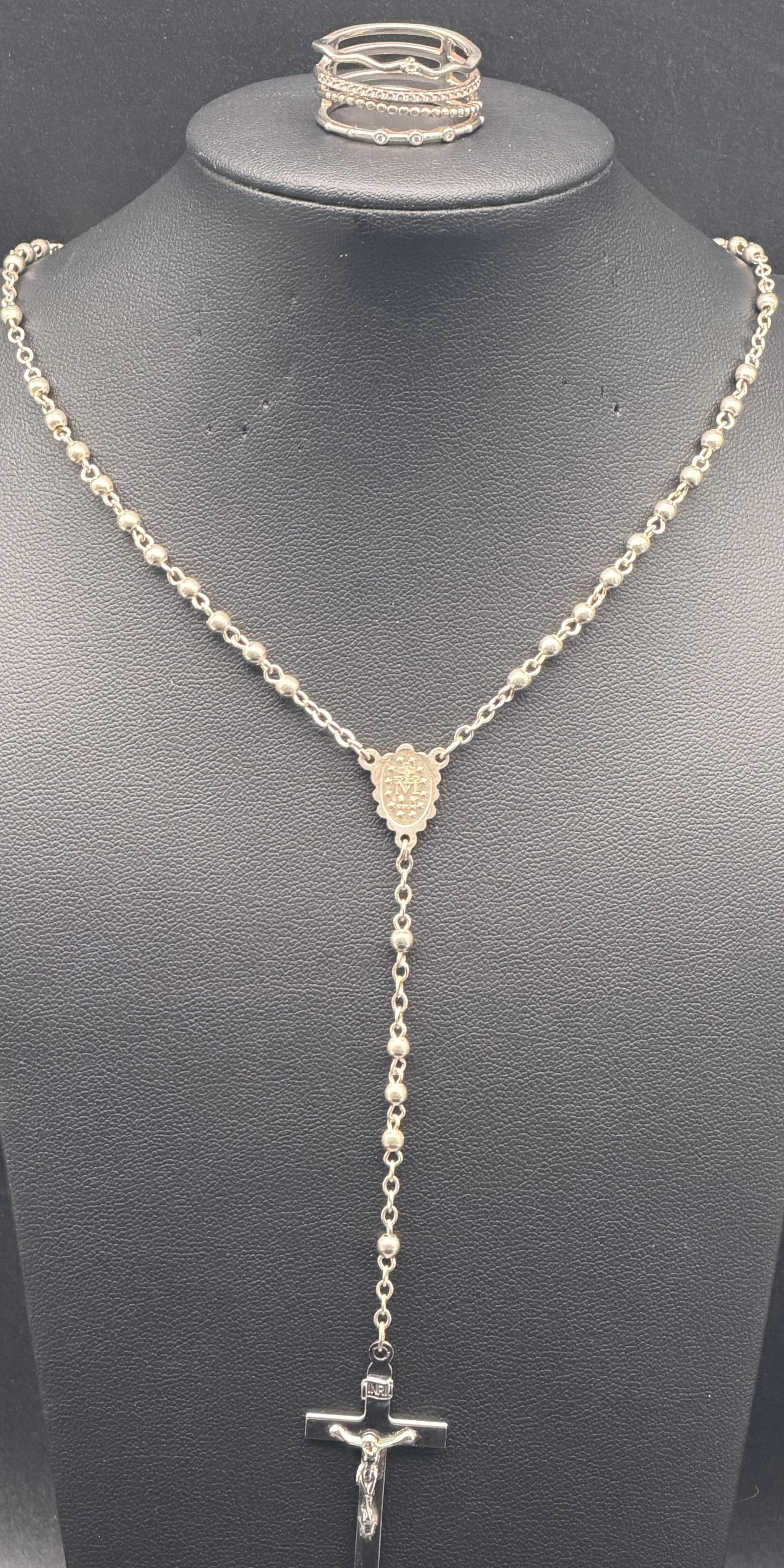 Vintage 925 Sterling Silver Rosary Necklace w/ Crucifix & Medal + Ring Lot 9g (1 of 11)