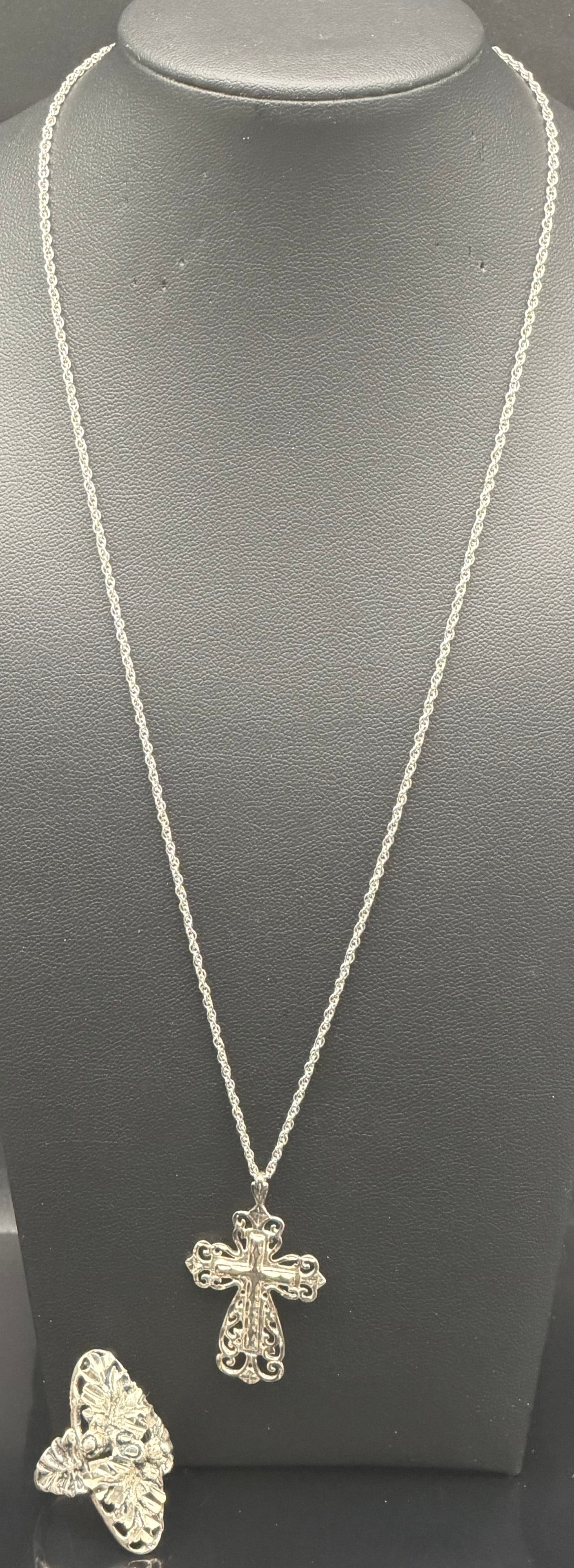 Vintage Sterling Silver 925 Ornate Cross Necklace & Statement Ring Set – 17g (1 of 11)