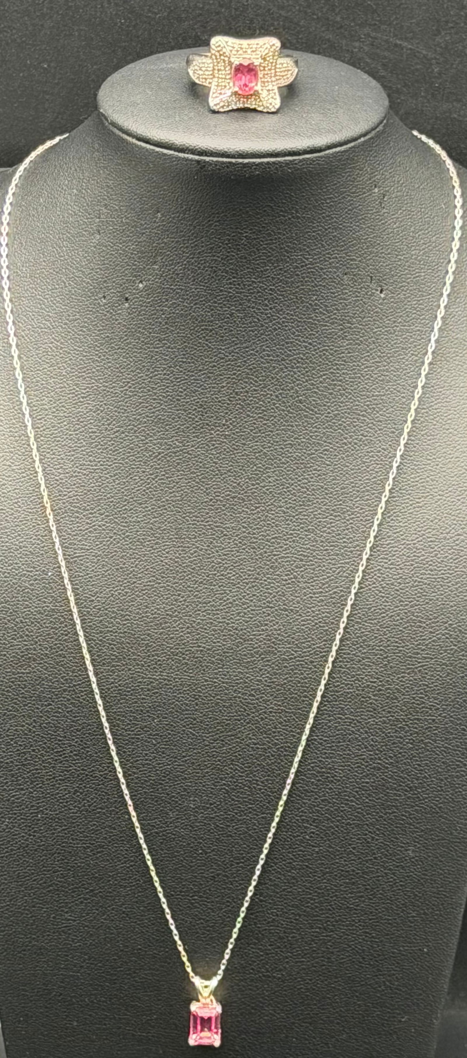 Elegant Sterling Silver 925 Pink Emerald-Cut Pendant Necklace & Ring Set – 10g: Pretty sterling silver jewelry set featuring a rectangular emerald-cut pink stone pendant necklace and matching pink stone ring.