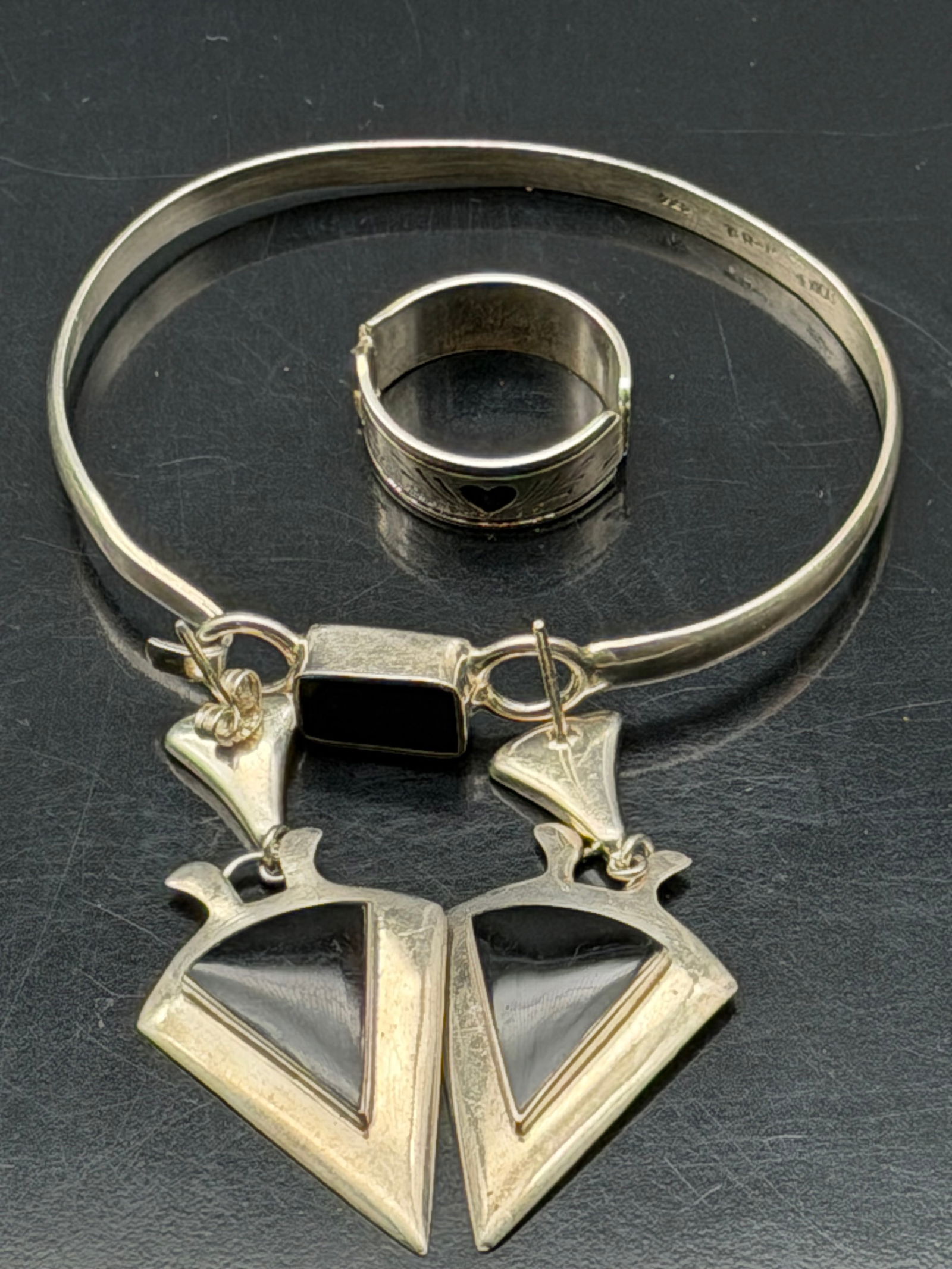 Vintage Mexican 925 Sterling Silver Jewelry Set Bracelet Ring Earrings 22g (1 of 13)