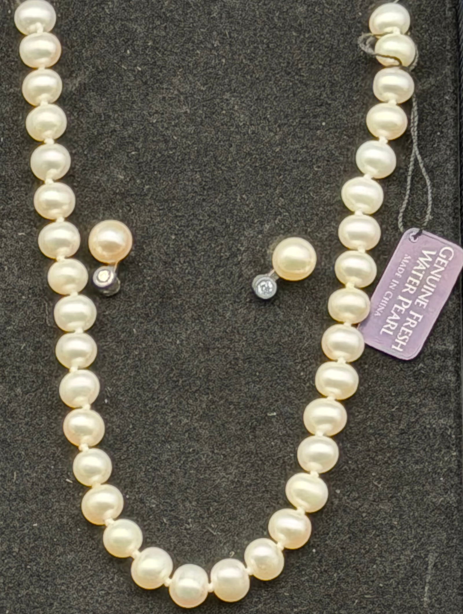 Genuine Freshwater Pearl Necklace & Stud Earrings Set White Classic Strand: Beautiful genuine freshwater pearl jewelry set including a classic white pearl strand necklace and matching pearl stud earrings. Original tag attached marked “Genuine Fresh Water Pearl – Made in C