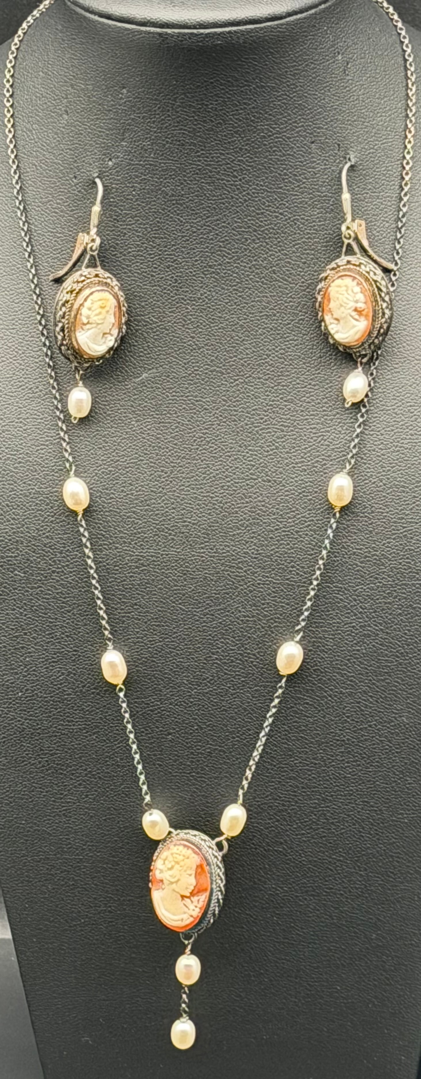 Vintage 925 Sterling Silver Cameo Necklace & Earrings Set Pearl Drop 18g Vintage (1 of 12)
