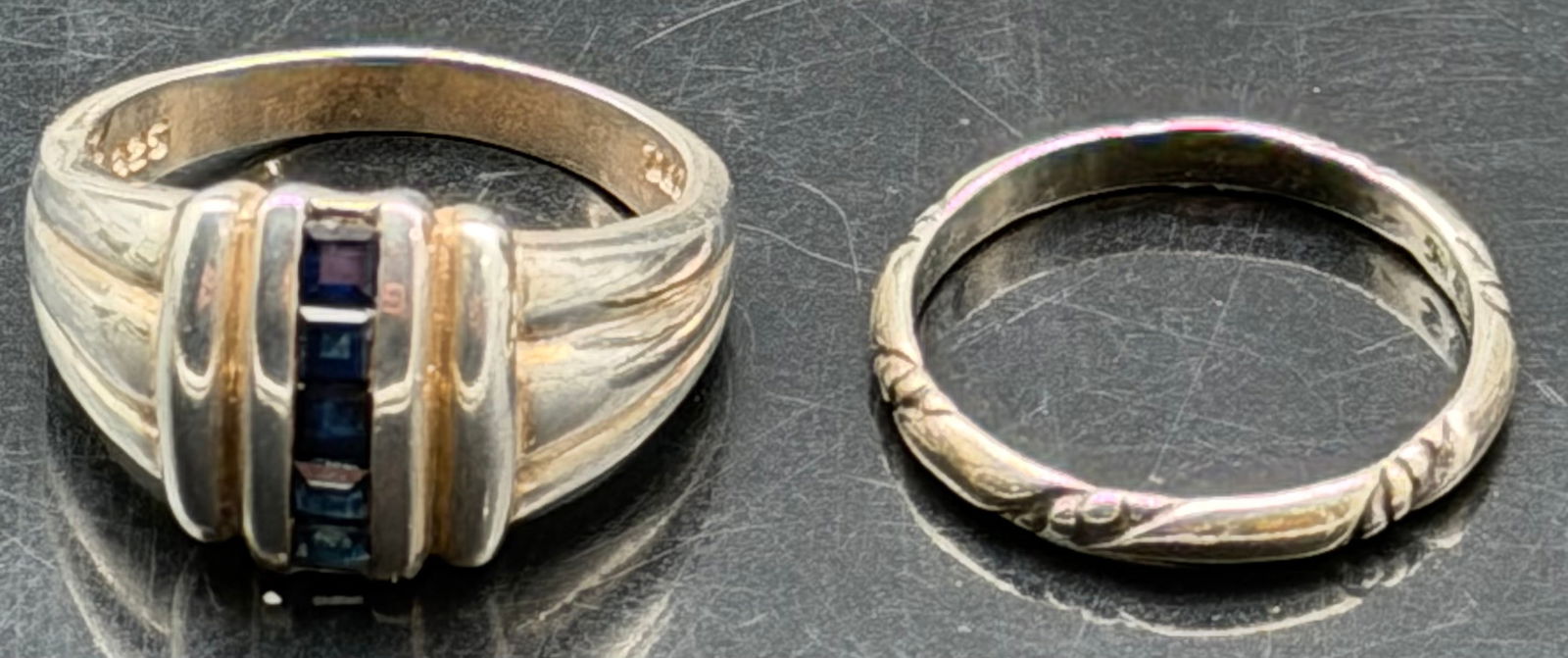 Lot of 2 Sterling Silver 925 Men’s Rings Blue Stone Band & Carved Band 8g (1 of 11)