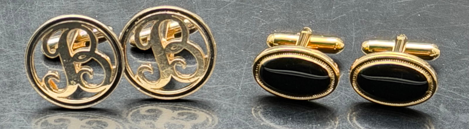 Vintage Gold Tone Cufflinks Lot Monogram B & Black Oval Dress Pair 21g (1 of 8)