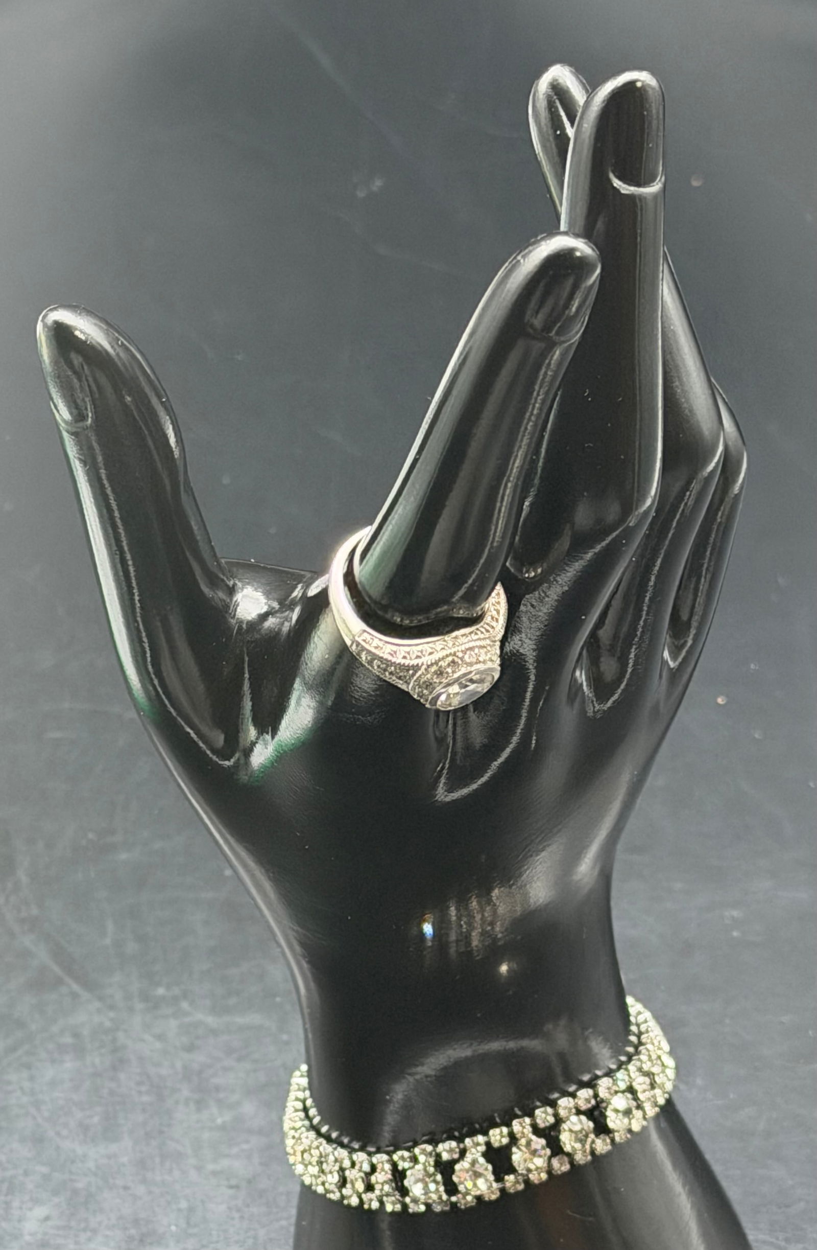 Sterling Silver Halo Bracelet & Ring Set Clear Stones Vintage Style 15g: Sterling silver jewelry set including a halo style clear stone bracelet and matching ring.Features round center stones with halo surround links on the bracelet and matching halo ring design.