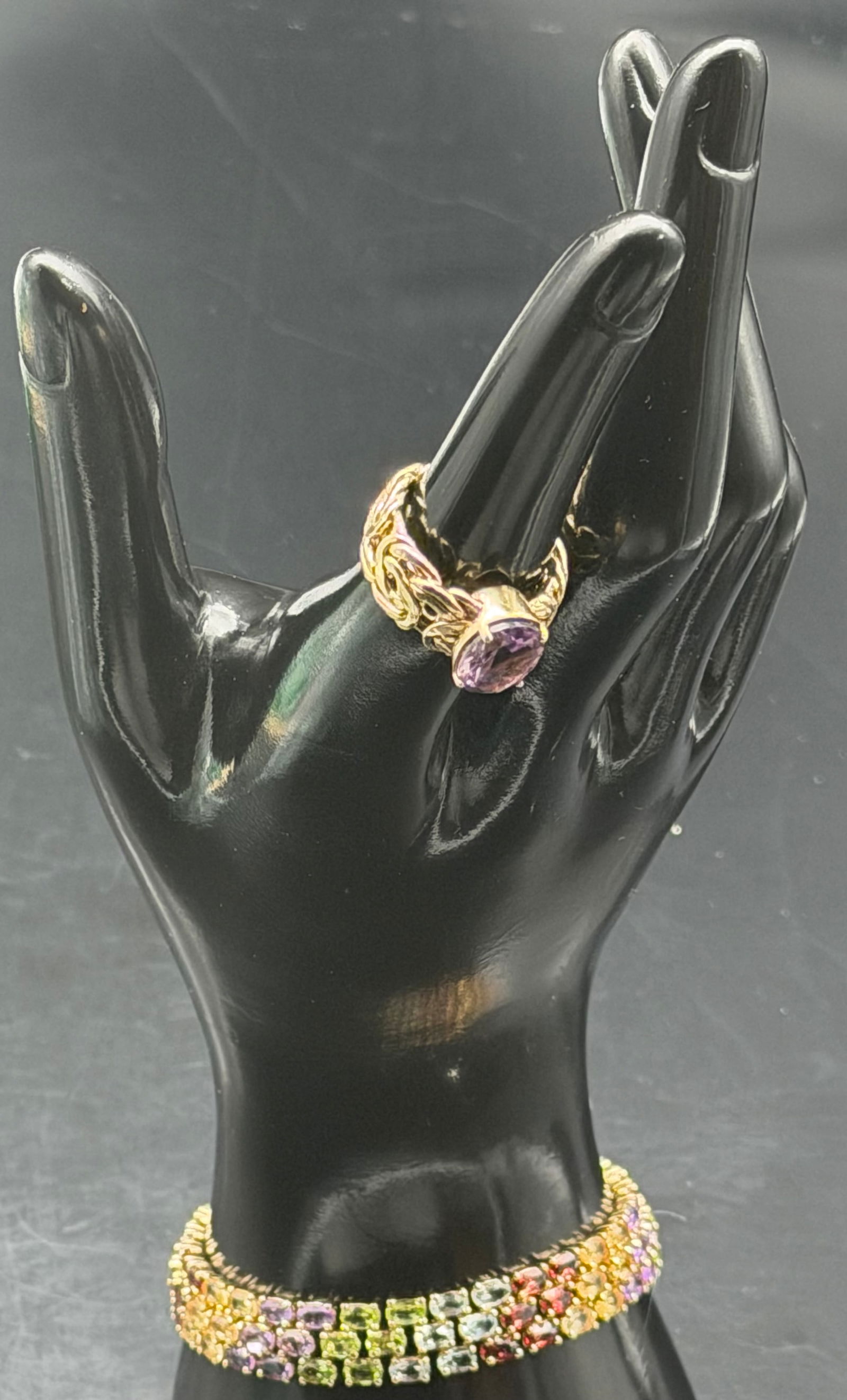 Sterling Silver 925 China Multi Color CZ Bracelet & Ring Set Gold Vermeil 30g: Matching sterling silver jewelry set including multi-color stone tennis style bracelet and ornate filigree ring. Both pieces are marked 925 China and have a gold-tone vermeil finish over sterling silv