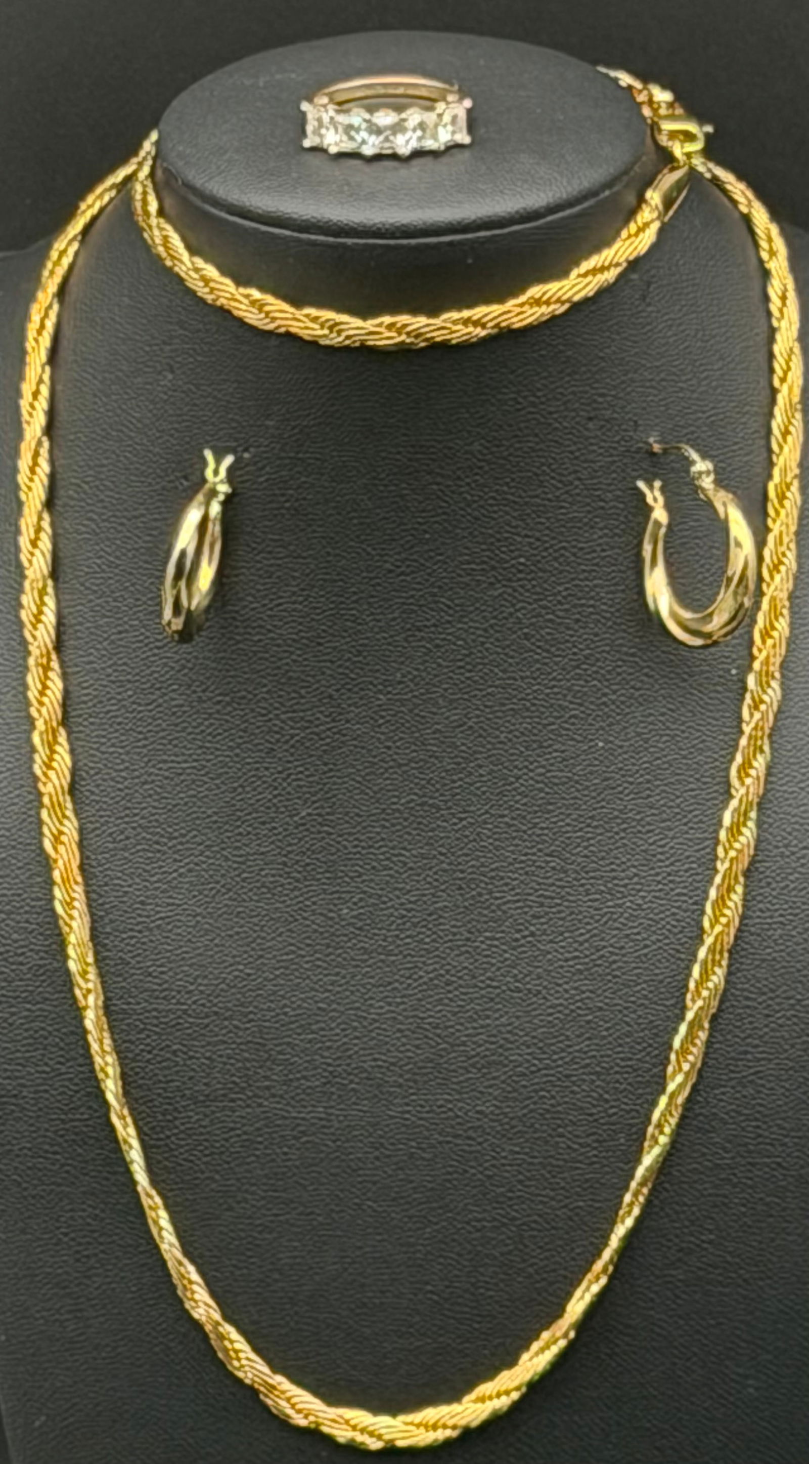 Sterling Silver 925 Gold tone Vermeil Rope Necklace Hoop Earrings Ring Set 26g (1 of 13)