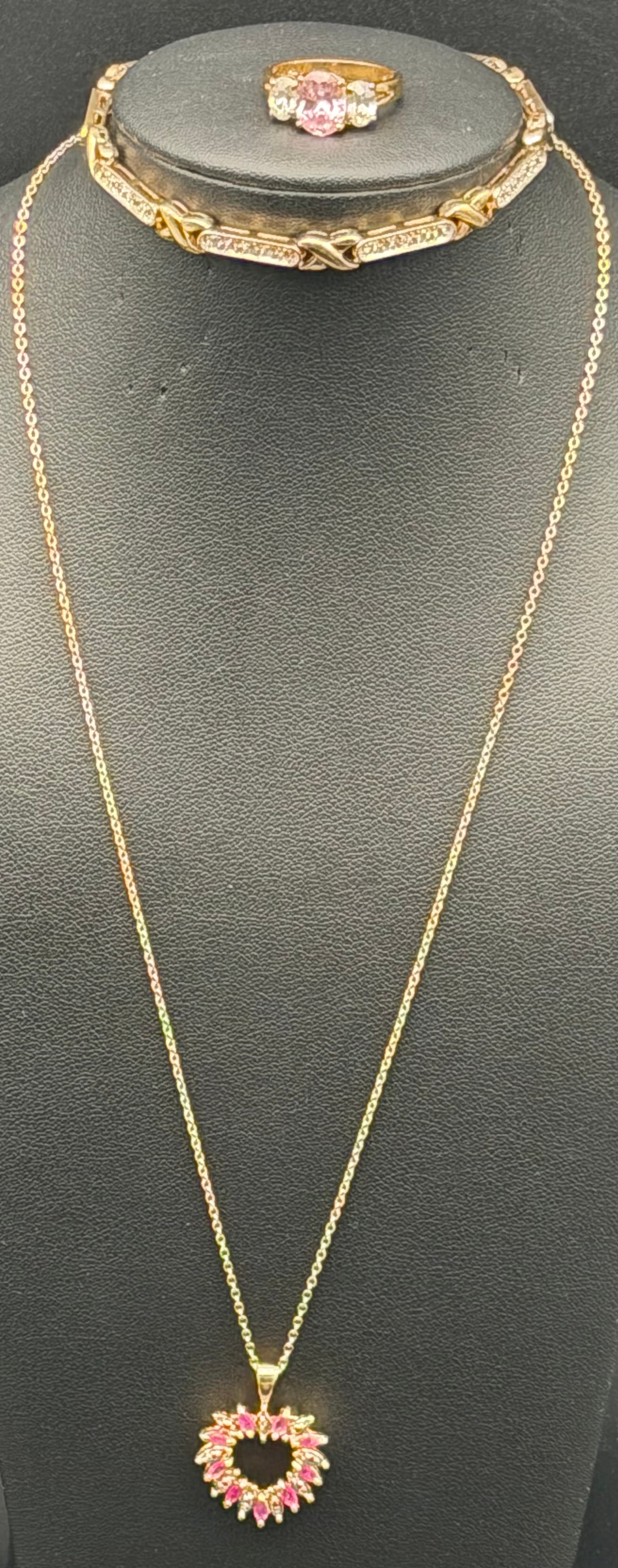 925 Sterling Silver Gold Plated Thai Pink Stone Necklace Bracelet Ring Set 20g: Matching gold plated sterling silver jewelry set including necklace with pink stone wreath pendant, coordinating bracelet, and matching ring. Pieces are stamped 925 and Thai maker marks. Yellow gold f