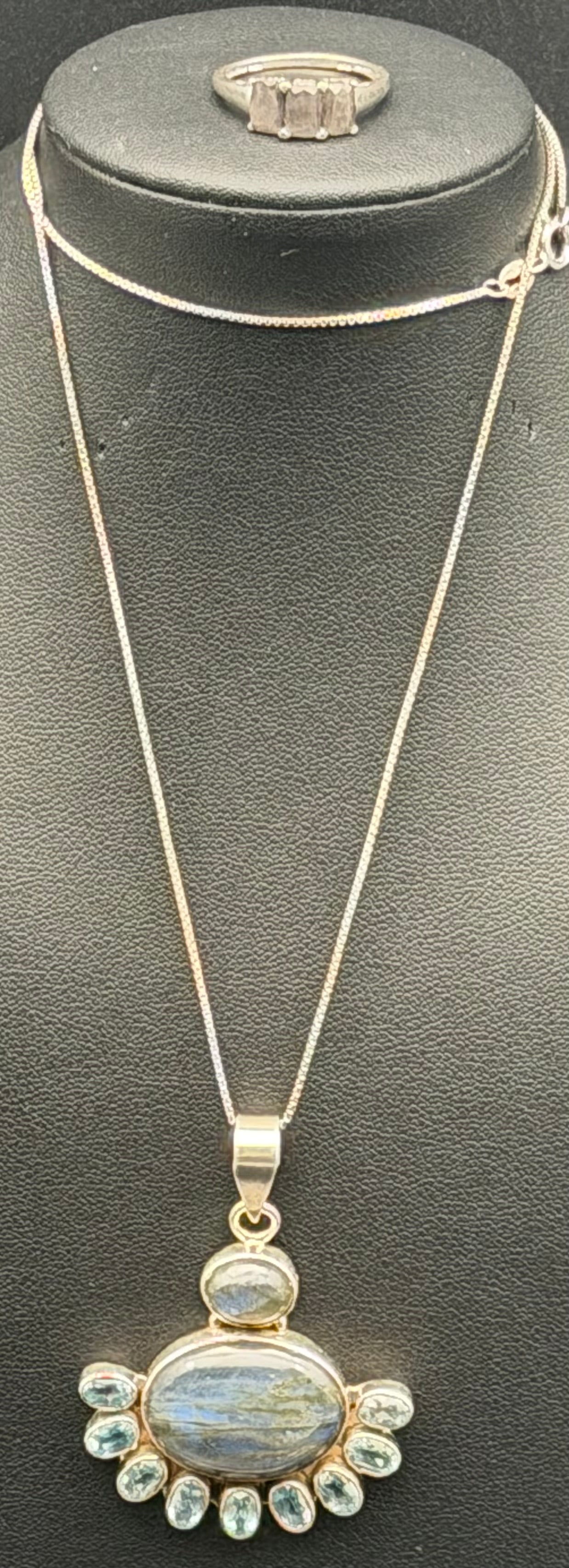 925 Sterling Silver Labradorite & Blue Stone Pendant Necklace Ring Set 21g (1 of 12)