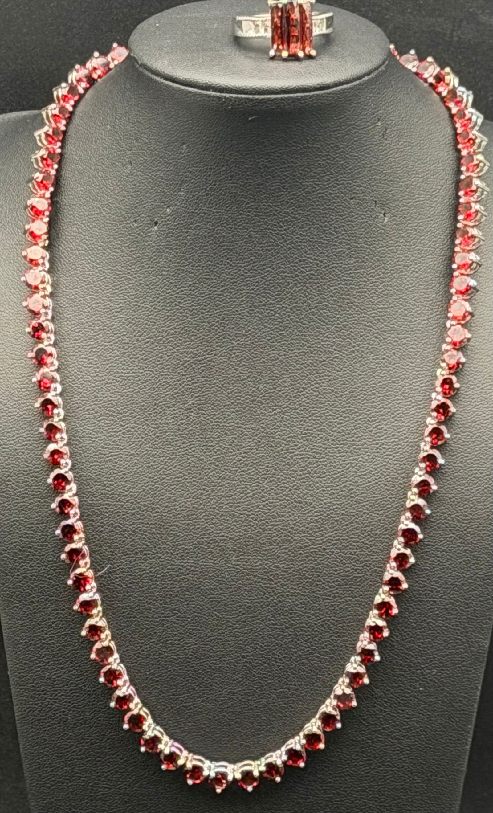 Vintage 925 Sterling Silver Red Garnet Style Tennis Necklace & Ring Set PAJM 39g Vintage Look (1 of 13)