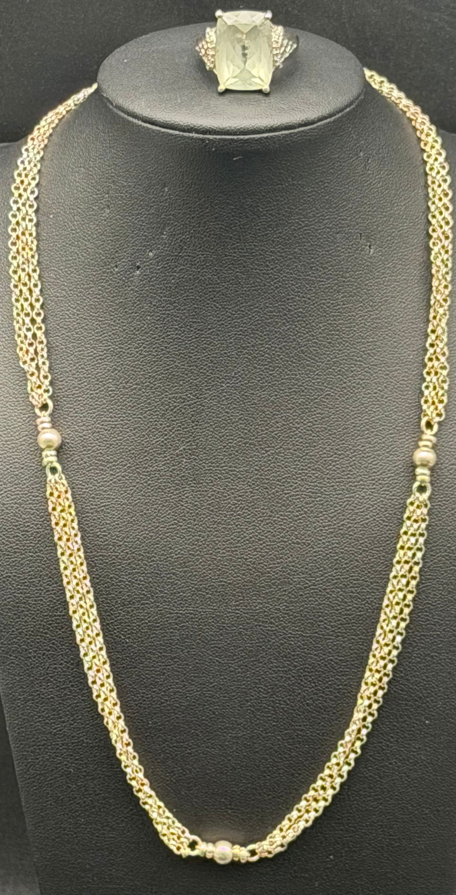Sterling Silver 925 Multi-Chain Necklace & Green Stone Ring Set 24g: Beautiful matching sterling silver jewelry set including a multi-strand chain necklace and statement ring with a large rectangular light green faceted stone. Necklace has an elegant layered chain desi