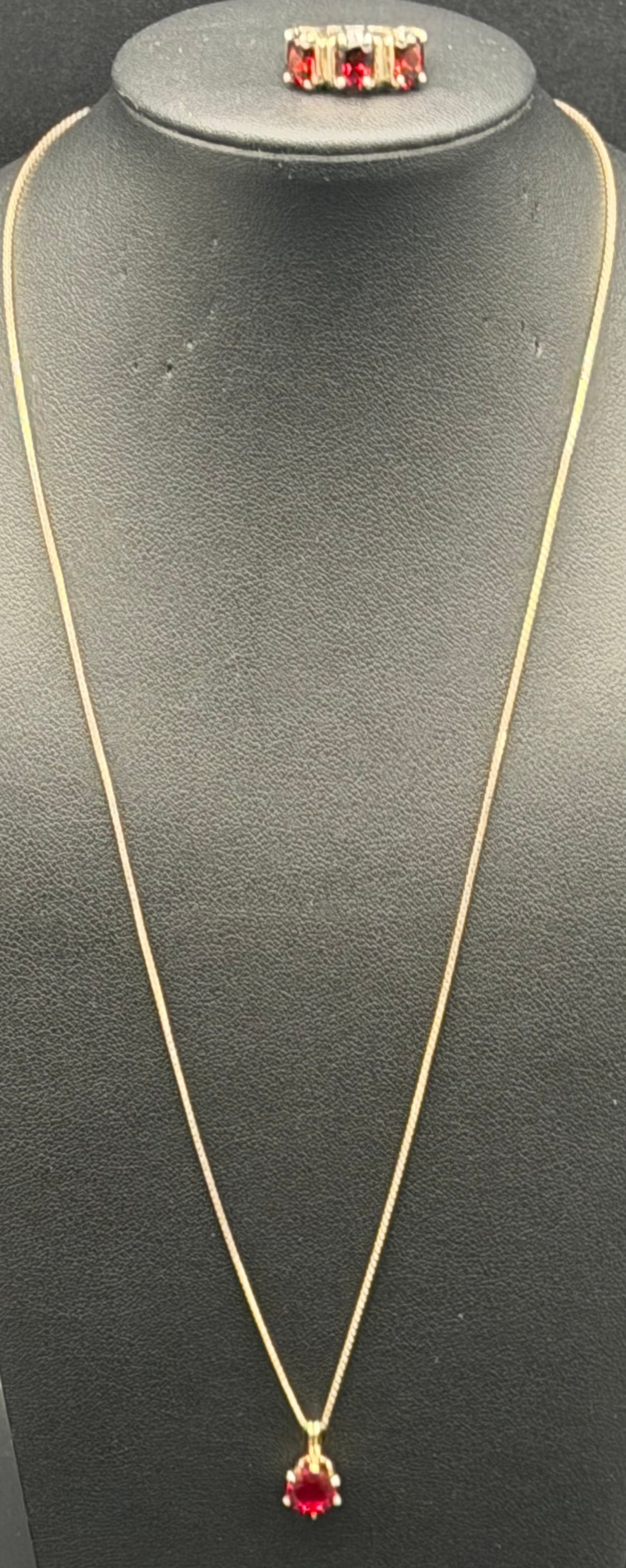 Elegant 925 Sterling Silver Gold Tone Red Stone Necklace & Ring Set Thailand 6g: Delicate sterling silver necklace and ring set featuring matching red stones in a classic prong setting.