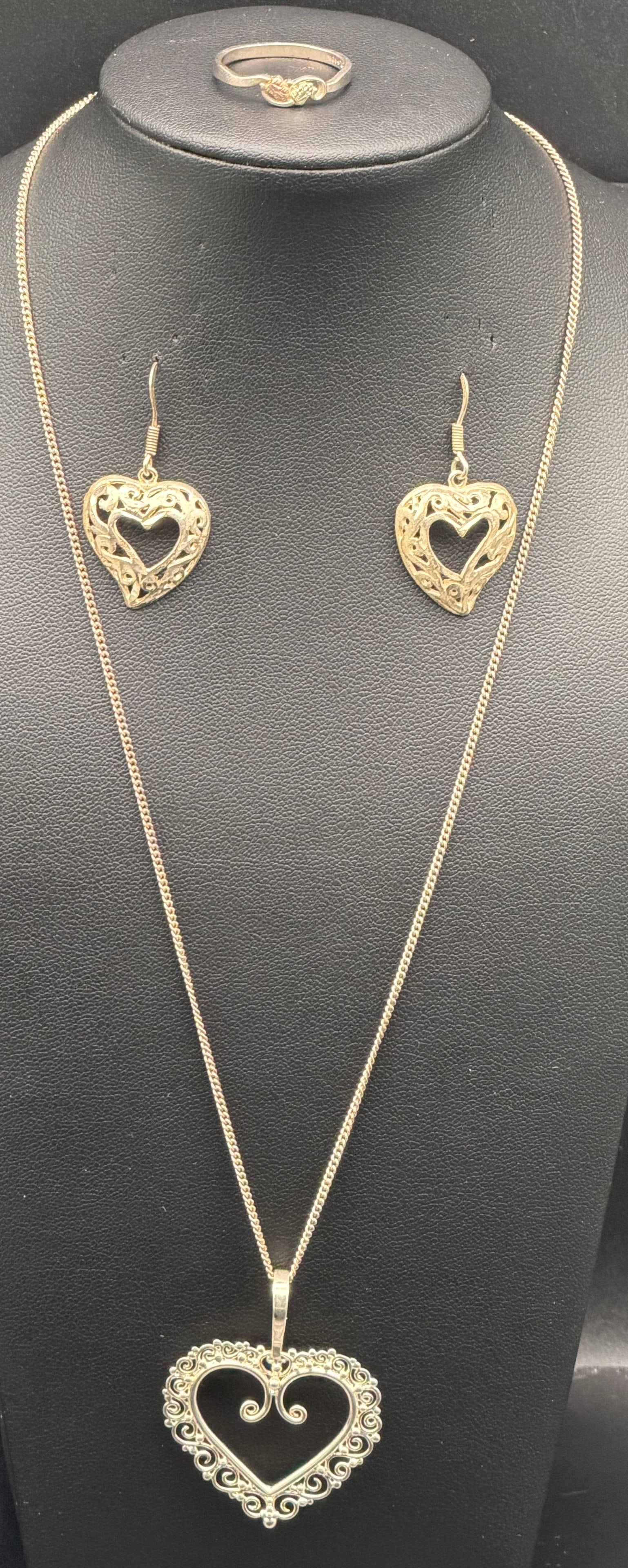 Sterling Silver & 10K Gold Accent Heart Jewelry Set Necklace Pendant Earrings Ring 12g: Beautiful matching heart jewelry set featuring a necklace with large openwork heart pendant, dangle heart earrings, and coordinating ring. Pieces show detailed filigree design with two-tone finish. Ma