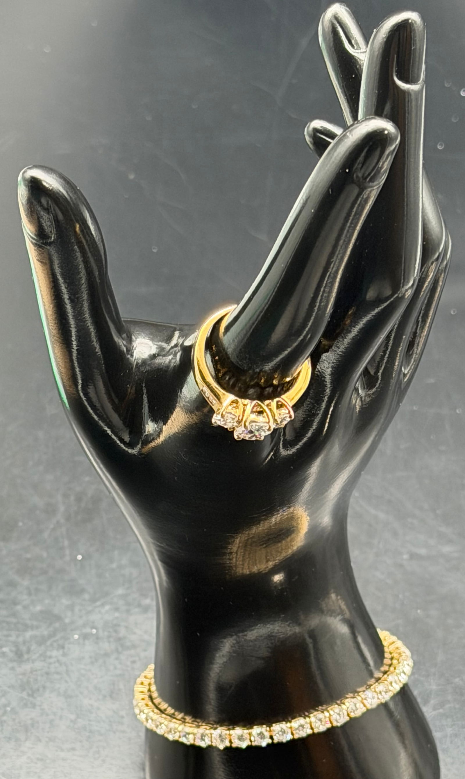 925 Sterling Silver Gold Plated Ring & Tennis Bracelet Set Clear Stones 21g: Matching ring and bracelet set marked SETA 925, crafted in sterling silver with gold plating. Features a tennis bracelet with clear stones and coordinating three-stone ring. Classic elegant style. Bot