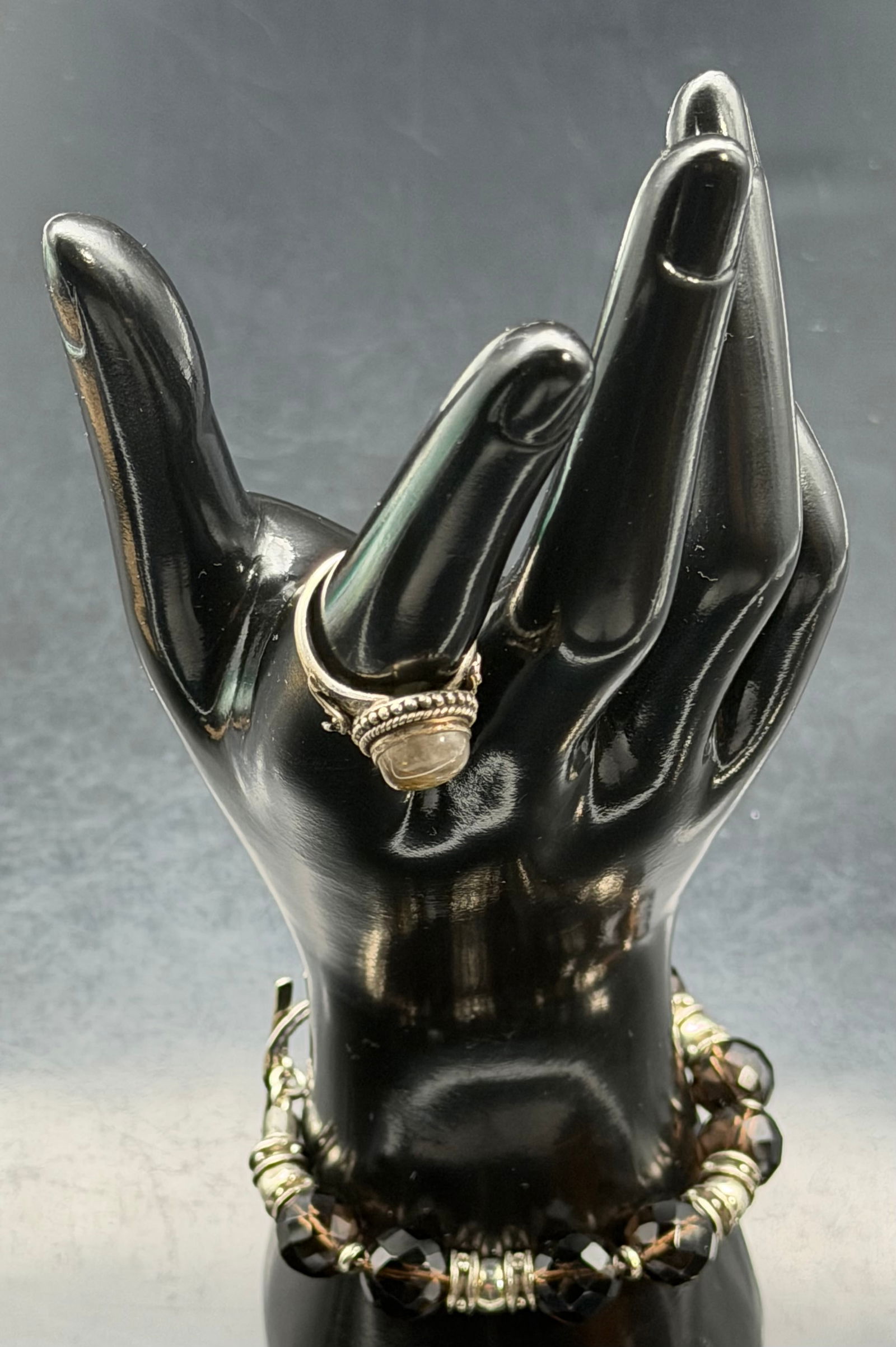 Elegant Sterling Silver 925 Ring & Bracelet Set – 41g: Matching sterling silver ring and bracelet set, both stamped 925 for solid sterling silver. Features a decorative vintage-style design with textured and bead details.