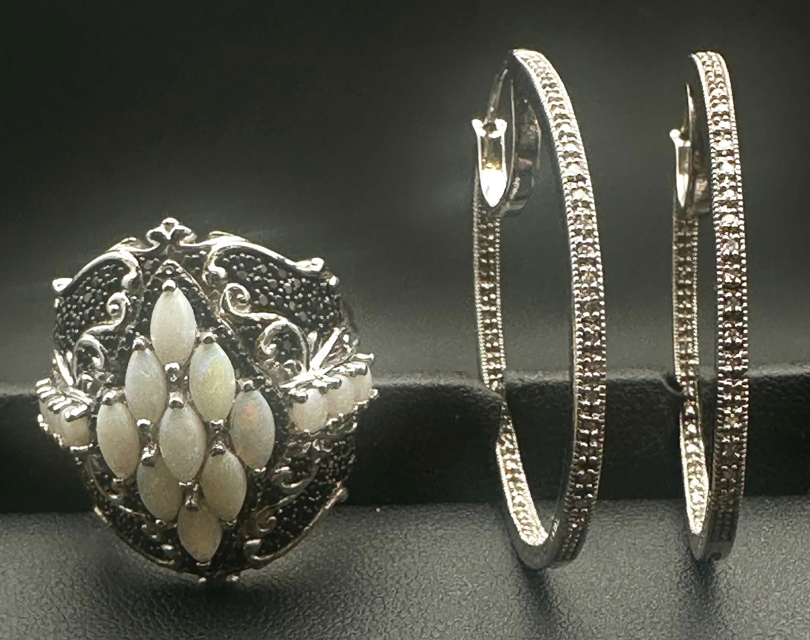 Sterling Silver Opal Marquise Ring & 925 Hoop Earrings Set 20g (1 of 15)