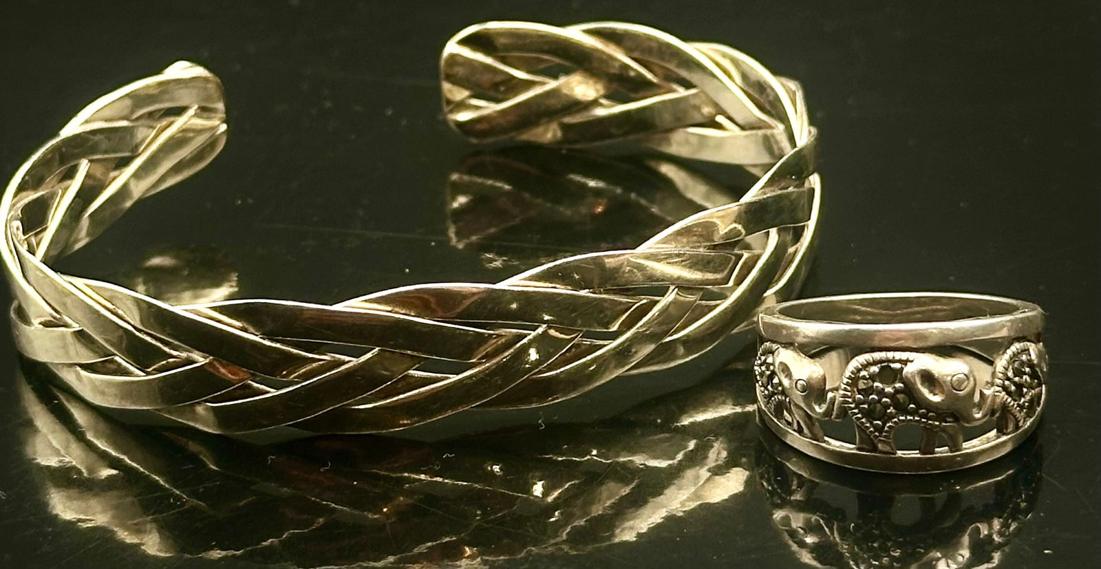 Sterling Silver Braided Cuff Bracelet & Animal Motif Band Ring 925 25g (1 of 13)