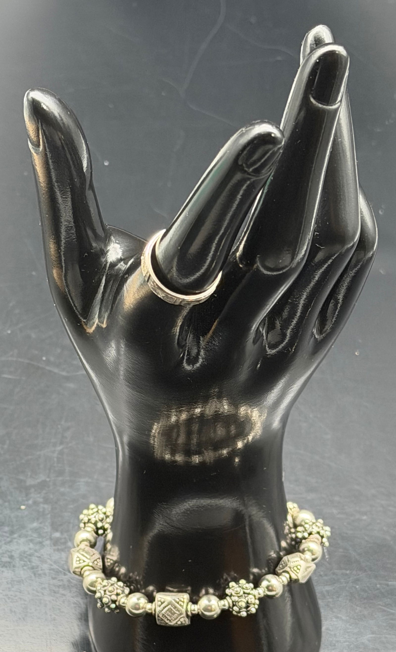 Sterling Silver 925 Bracelet & Textured Band Ring Set Bali Style Beaded 22g: Beautiful sterling silver jewelry set featuring a detailed Bali-style beaded bracelet and matching textured band ring. Both pieces show classic oxidized silver detailing and artisan-style pattern work