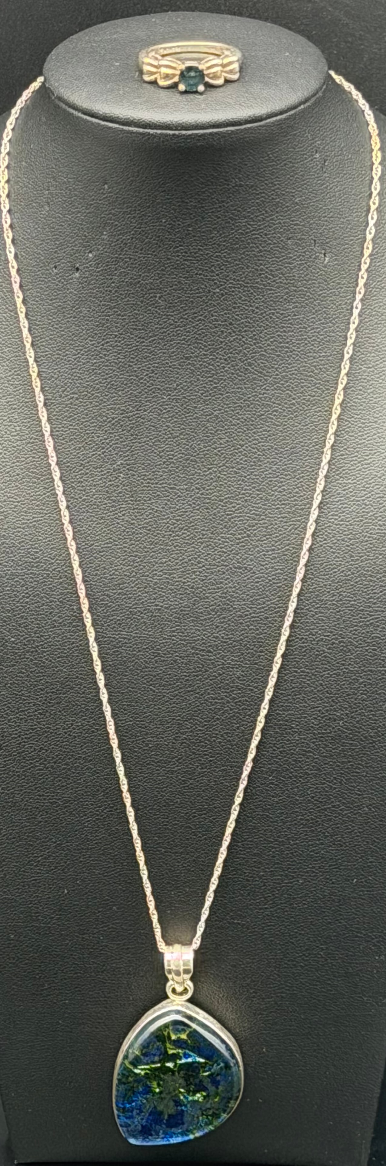 Sterling Silver 925 Necklace & Ring Set Blue Green Stone Pendant 20g (1 of 13)