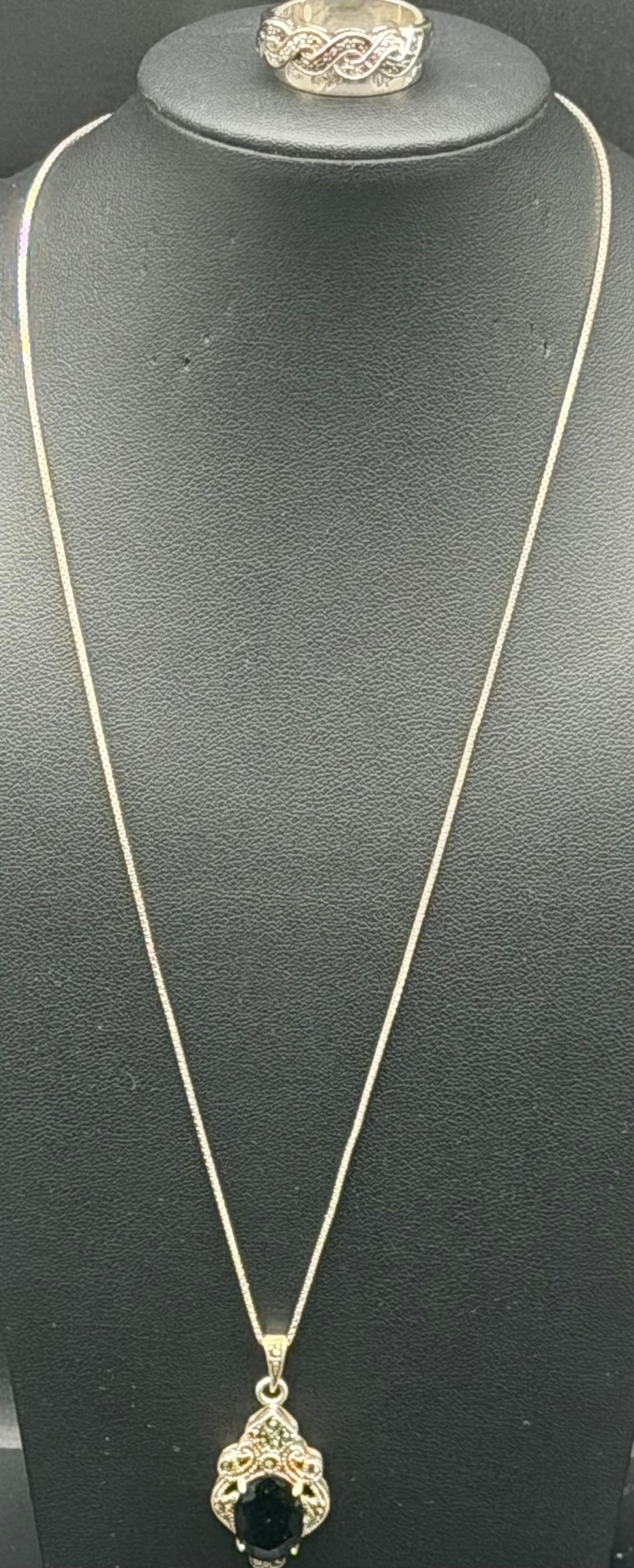 Sterling Silver 925 Black Stone Pendant Necklace & Ring Set Vintage Ornate 16g (1 of 12)