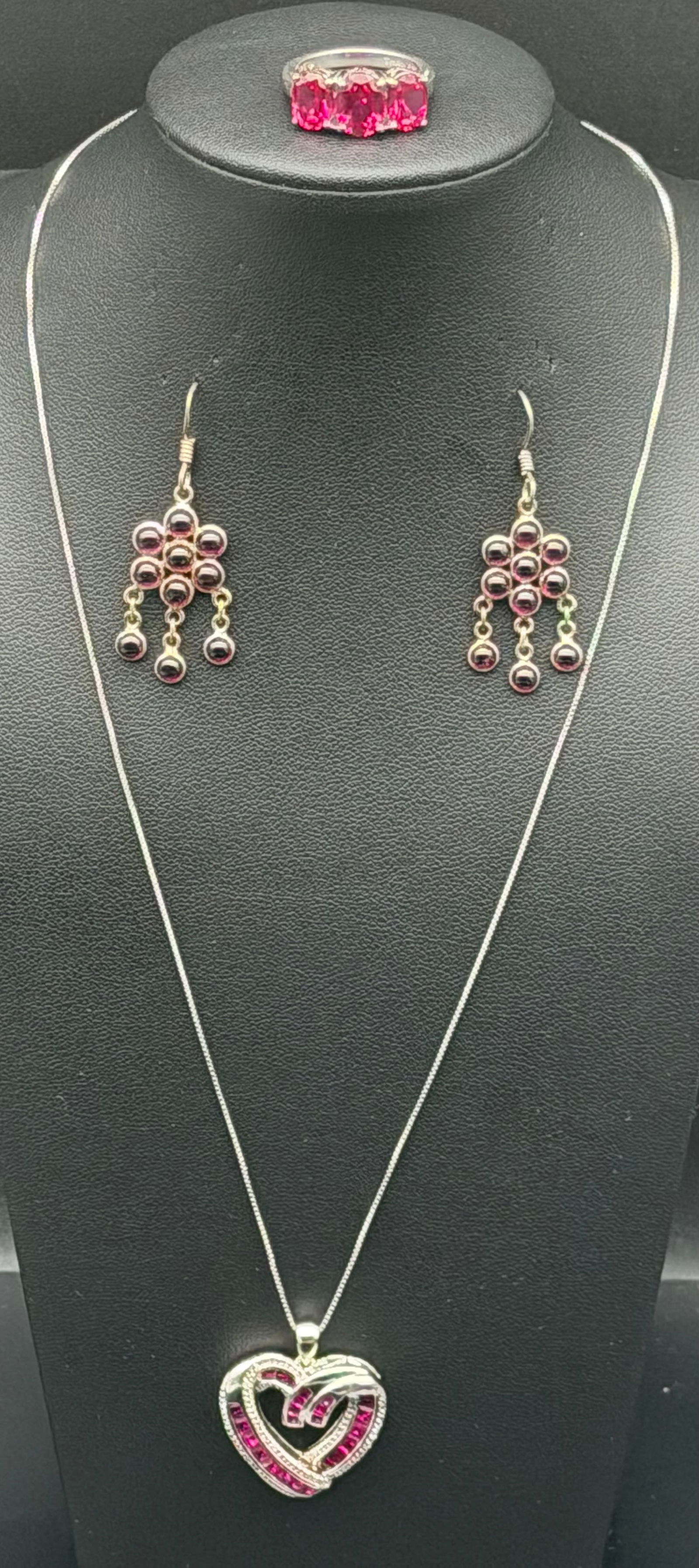 Sterling Silver 925 Italy Heart Pendant Necklace Ring & Dangle Earrings Pink Stones Set 21g (1 of 14)