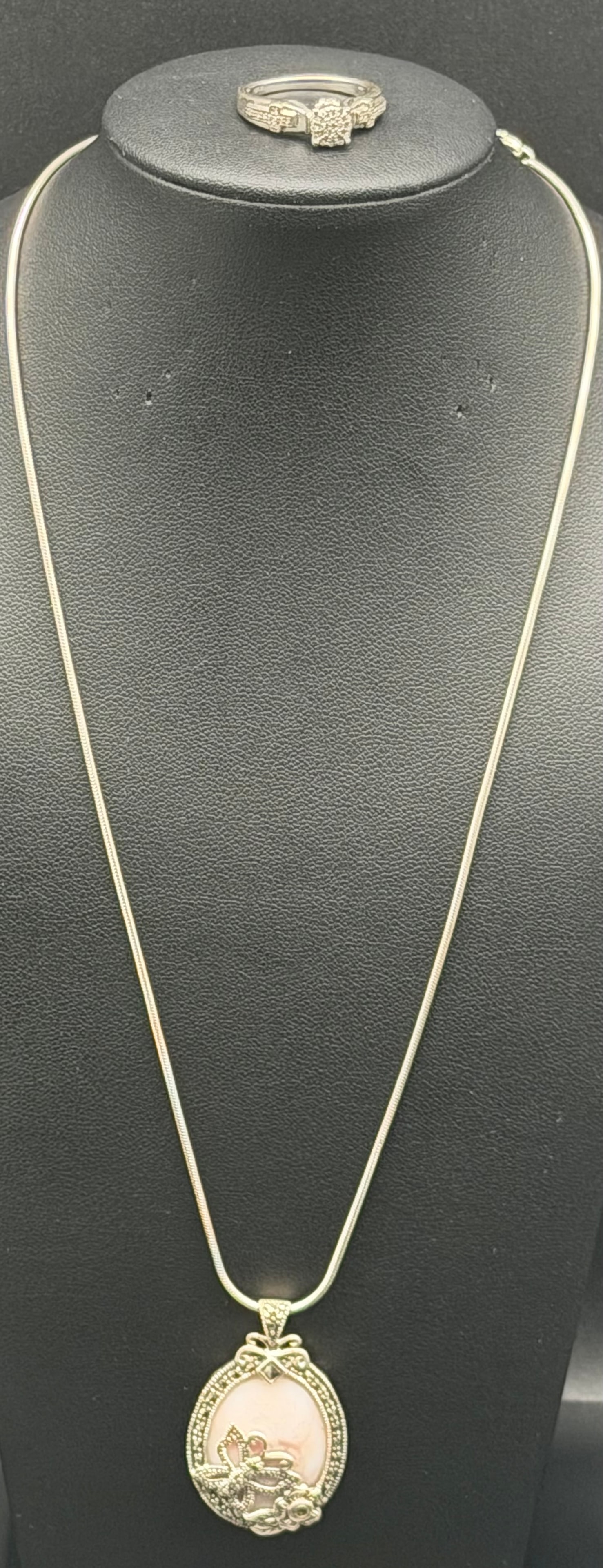 Vintage 925 Sterling Silver Cameo Style Pendant Necklace & Ring Set – Snake Chain – 17g (1 of 12)