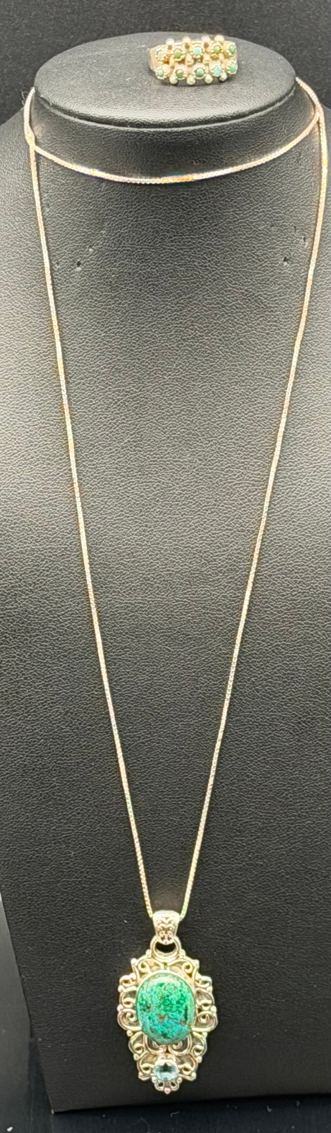 925 Sterling Silver Turquoise Pendant Necklace & Ring Set – Ornate Vintage Style – 15g (1 of 13)