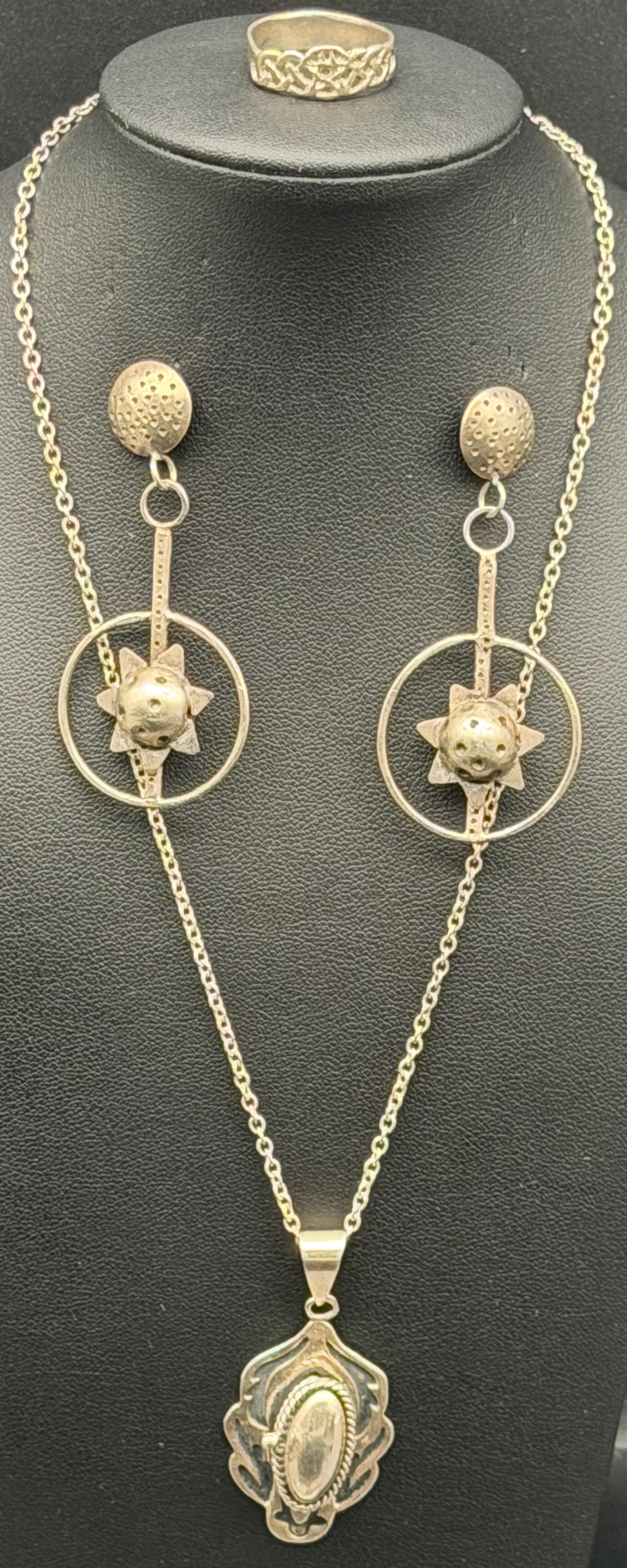 Mexico 925 Sterling Silver Sun Motif Necklace, Earrings & Ring Set – 24g (1 of 14)