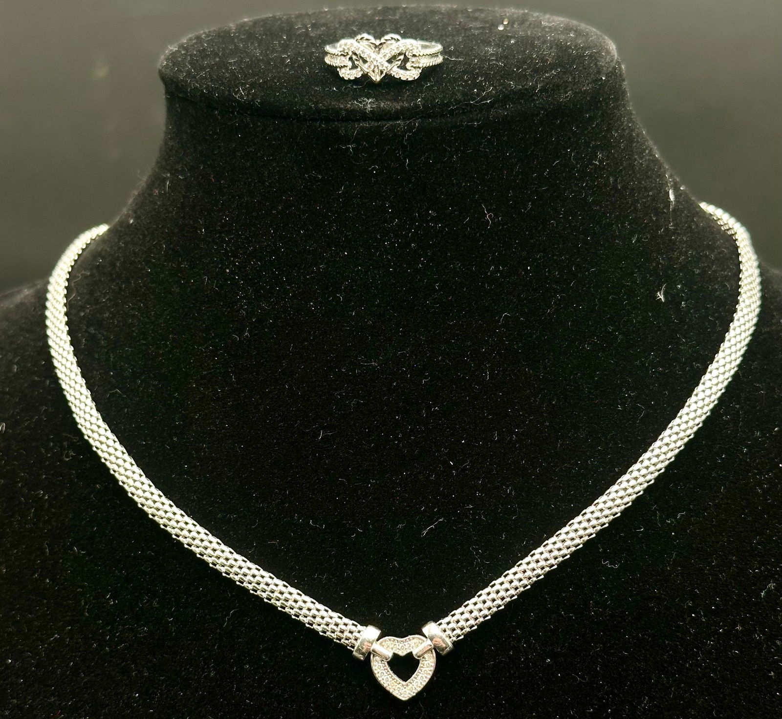 Italian Sterling Silver 925 Mesh Heart Necklace & Ring Set 18g (1 of 15)