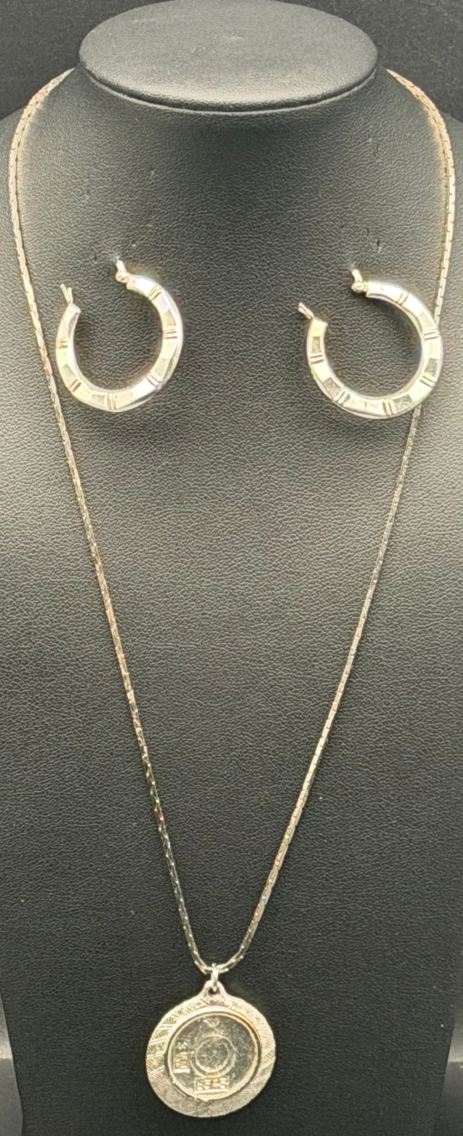 Sterling Silver Coin Pendant Necklace & Hoop Earrings Set 16g: Beautiful matching sterling silver jewelry set including a Roman Numeral medallion pendant necklace and Sterling Silver hoop earrings.