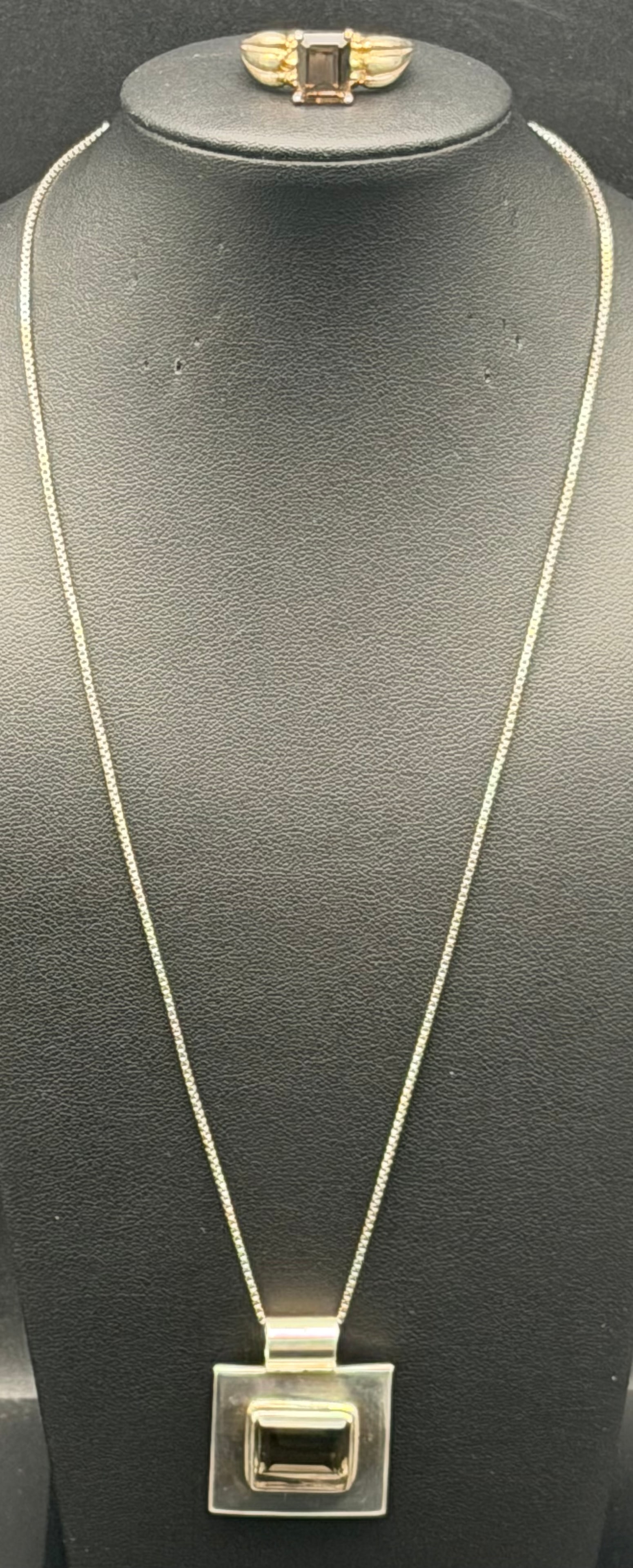 Sterling Silver 925 Smoky Quartz Pendant Necklace & Ring Set Modern Geometric 22g: Beautiful modern sterling silver jewelry set including a square bezel-set pendant necklace and matching ring. Features a dark smoky quartz style stone. Clean geometric design.