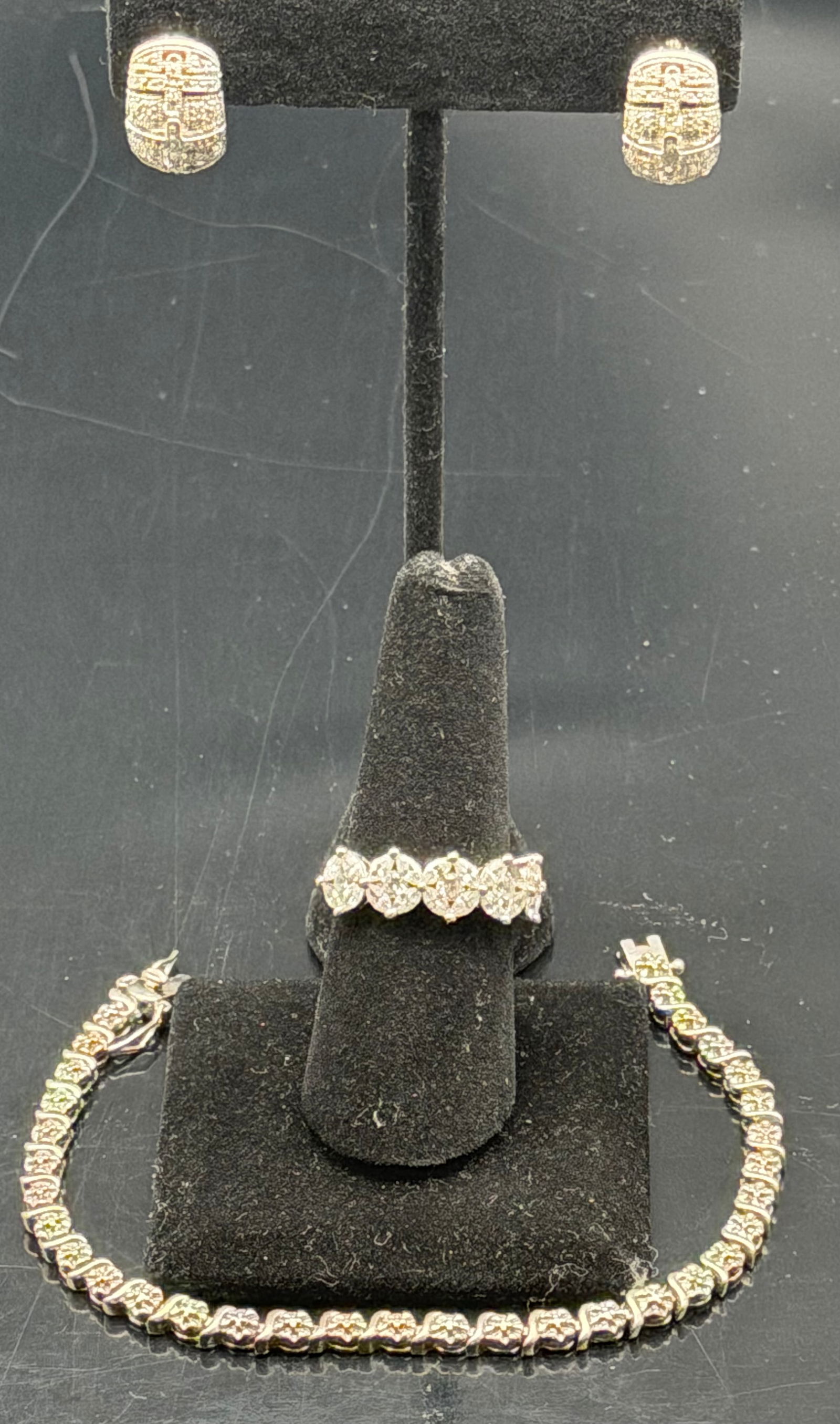 Sterling Silver 925 CZ Tennis Bracelet Earrings Ring Set China 21g: Matching sterling silver jewelry set including CZ tennis bracelet, stud earrings, and band ring. All pieces stamped 925 China with maker mark. Bright clear stones with good sparkle.