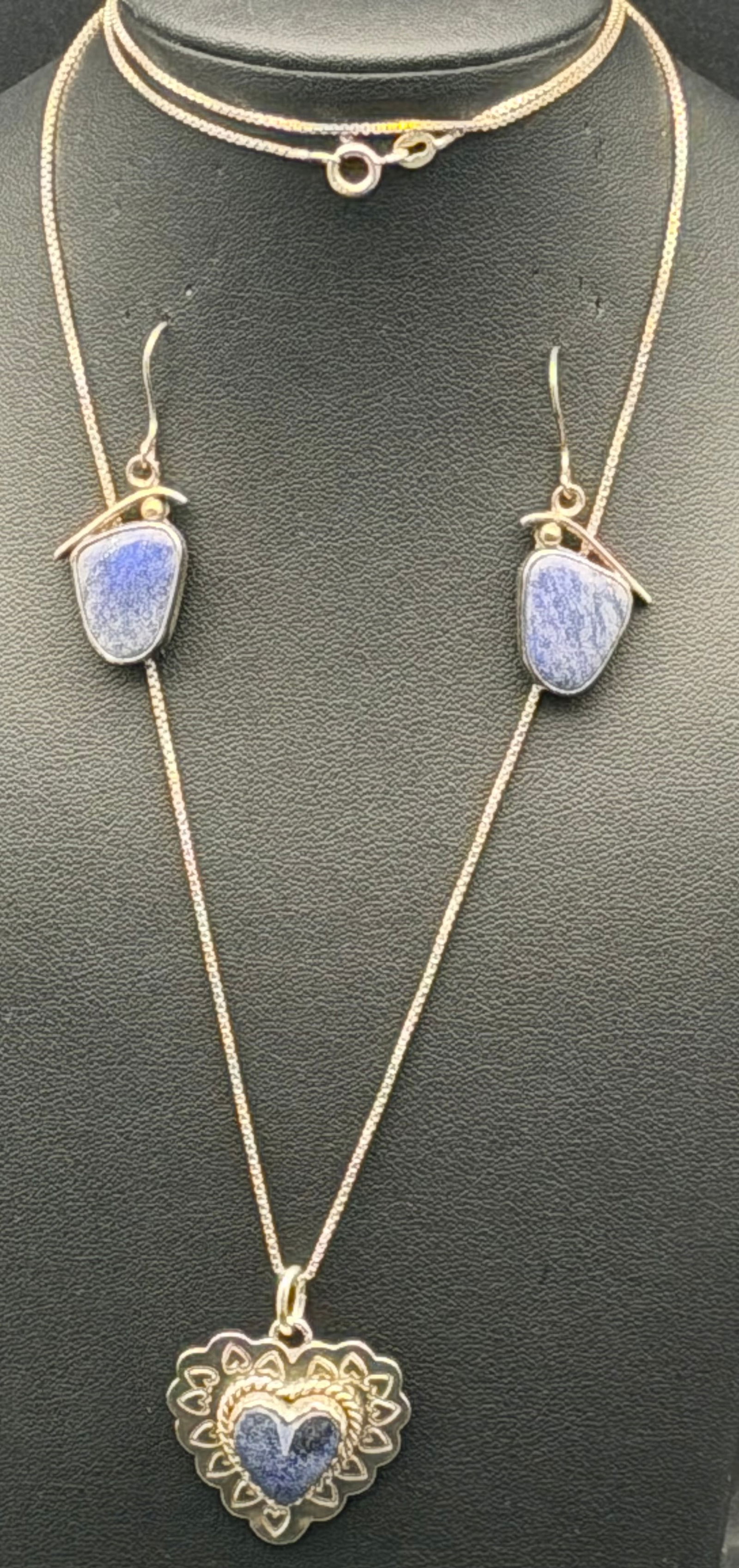 Sterling Silver Artisan Heart Blue Inlay Necklace Earrings Set 18g: Sterling silver necklace and matching dangle earrings featuring blue inlay heart design with decorative frame. Coordinated artisan style set.