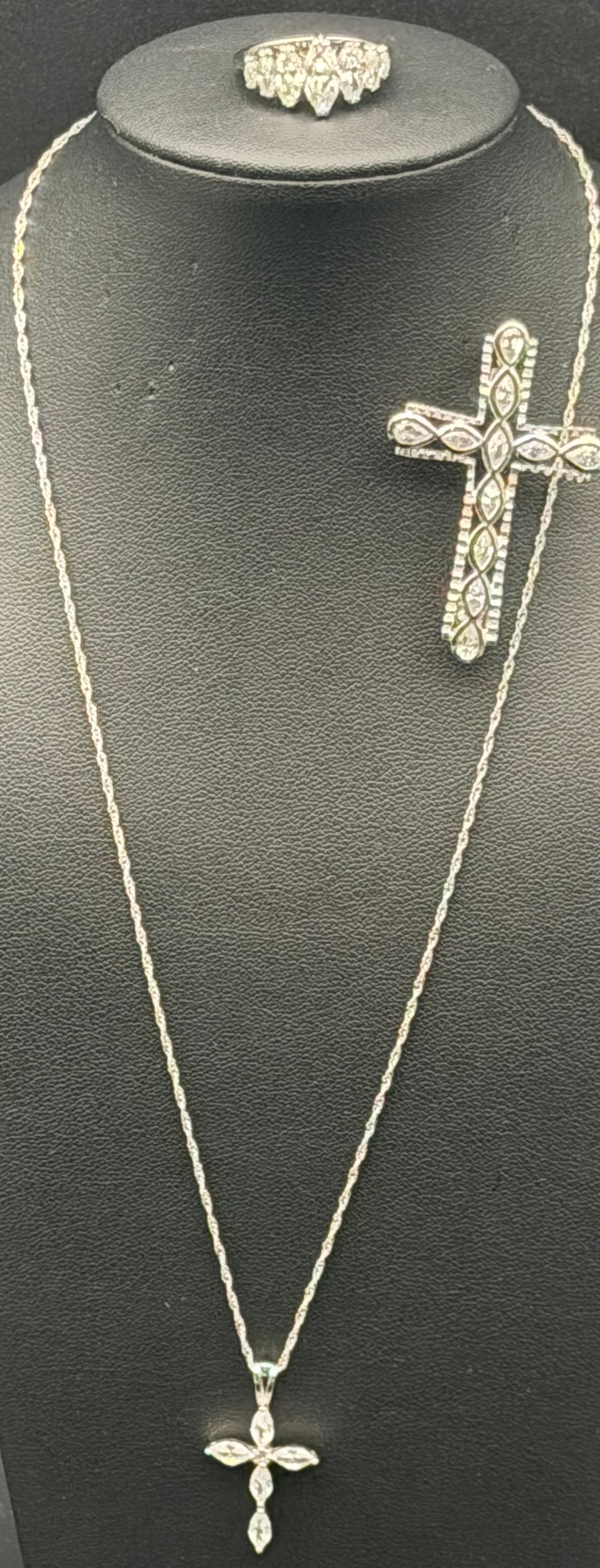 Sterling Silver 925 Italy and Thailand Cross Necklace Ring Brooch Set CZ 13g (1 of 14)