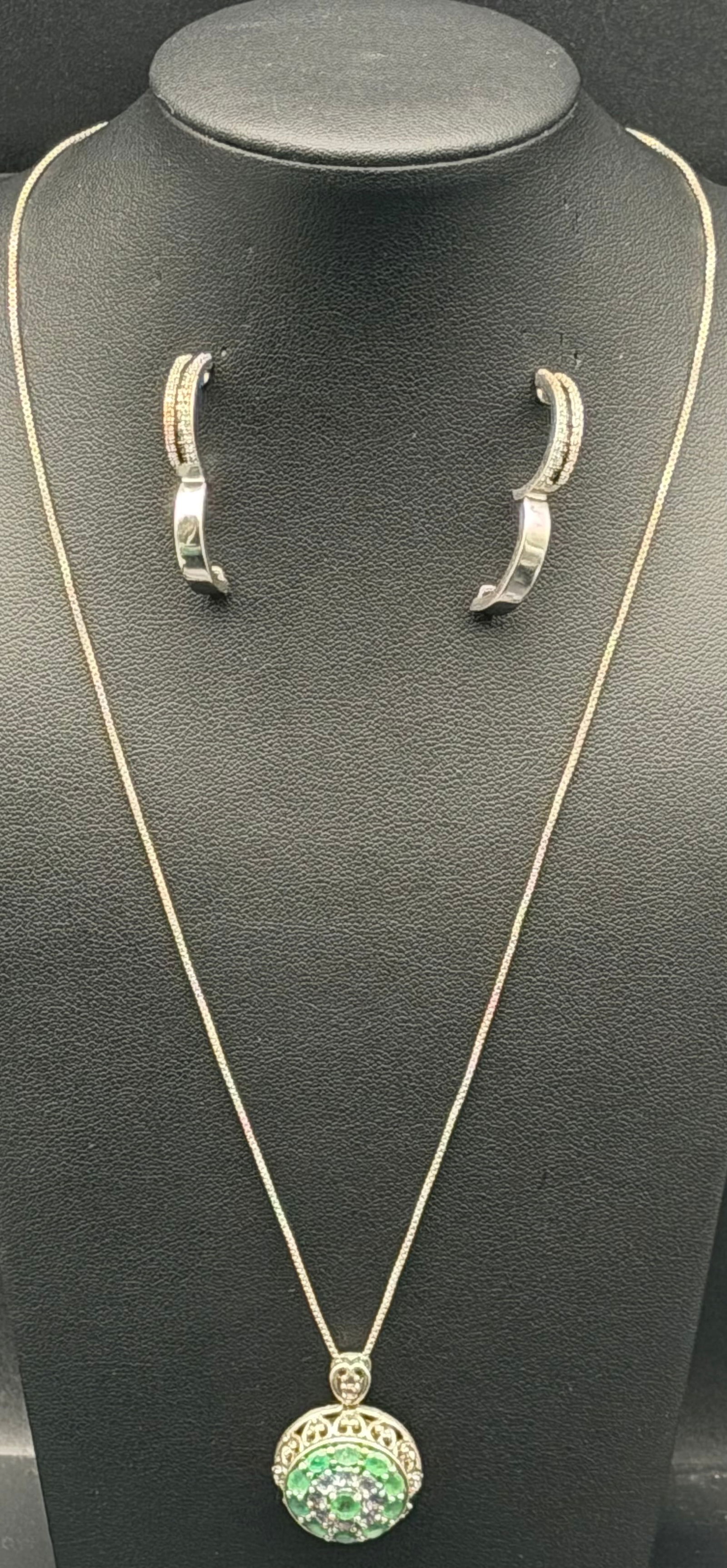 Sterling Silver SJ 925 Green CZ Pendant Necklace Hoop Earrings Set 13g (1 of 9)