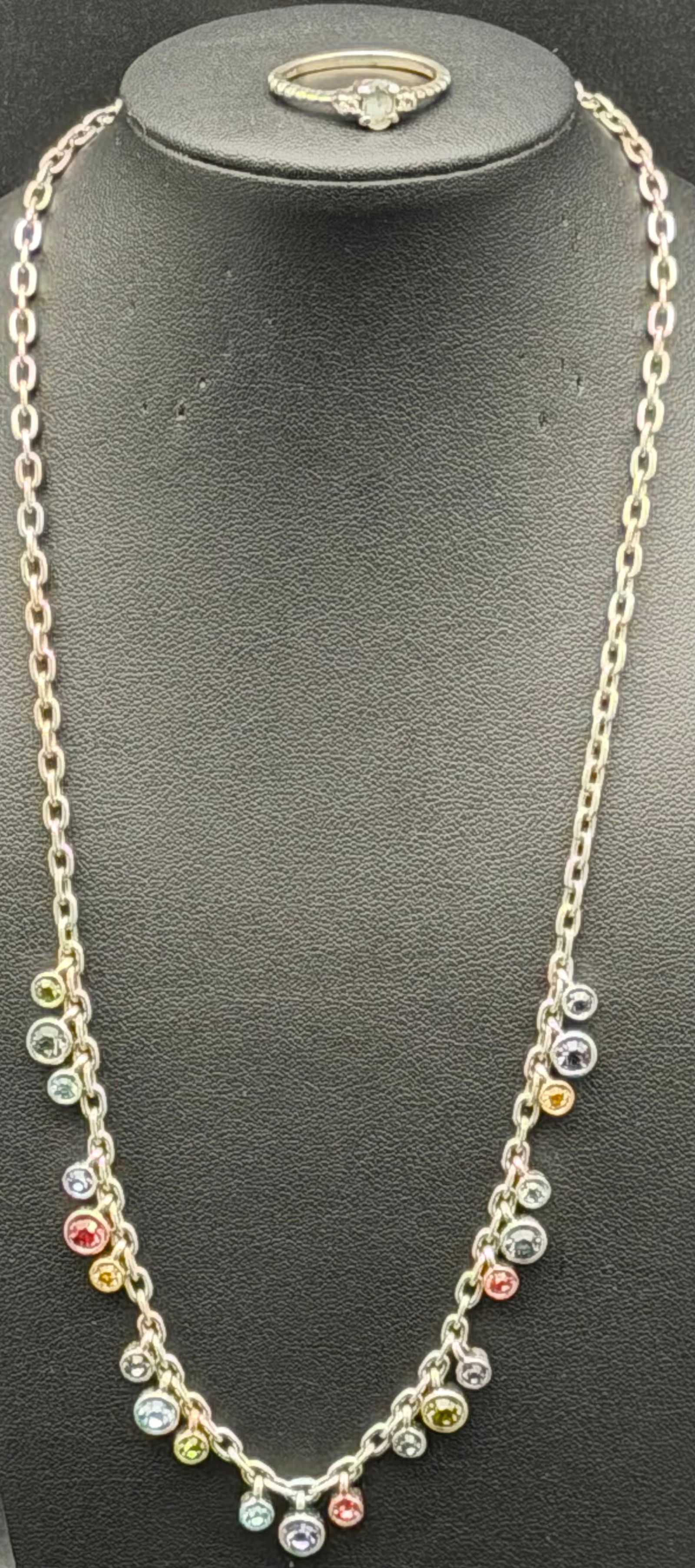 Beautiful Sterling Silver Multicolor Dangle Stone Necklace & Ring Set – 19g (1 of 15)