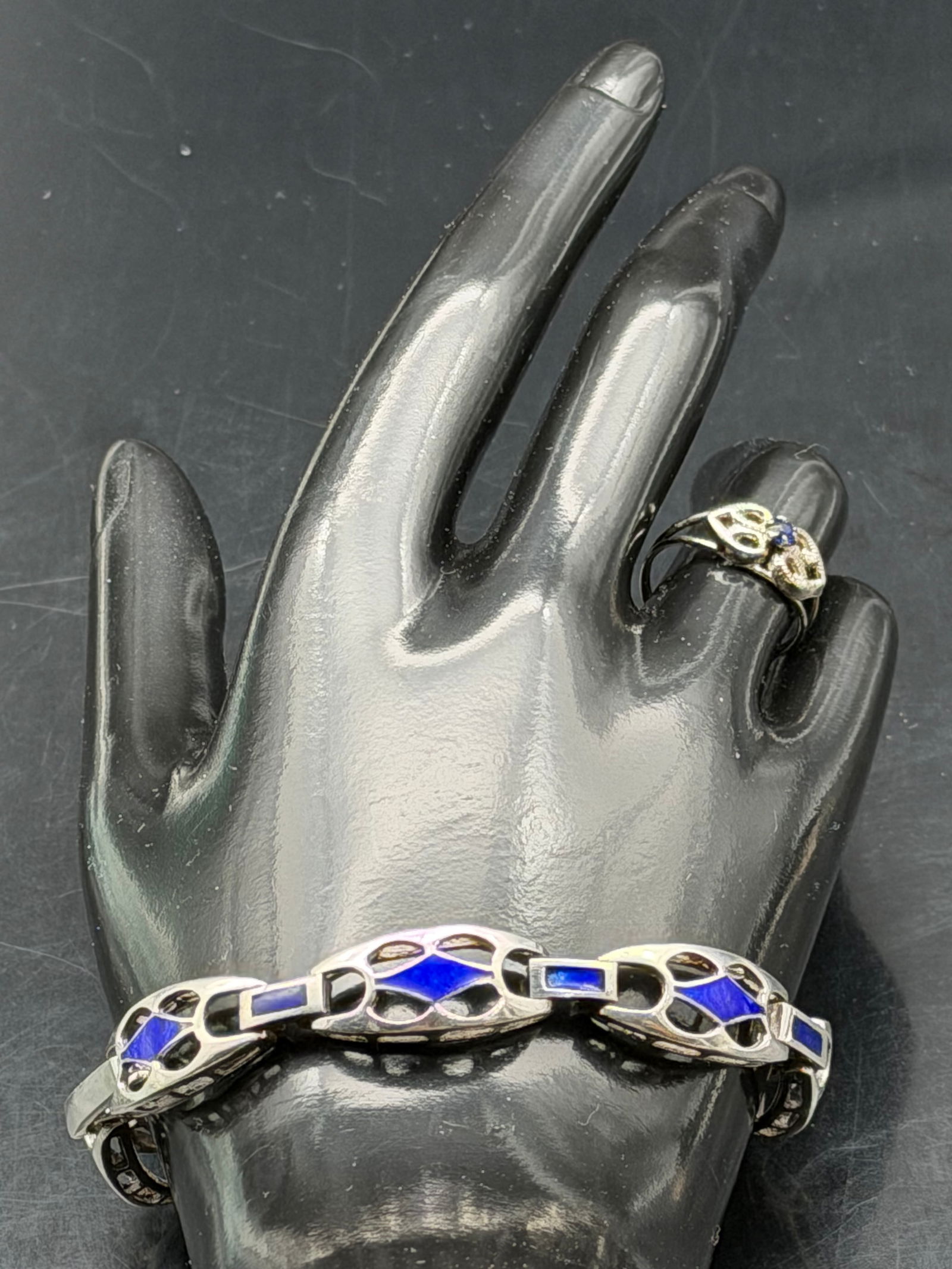 925 Sterling Silver Blue Enamel Panel Bracelet & Ring Set 22g (1 of 14)