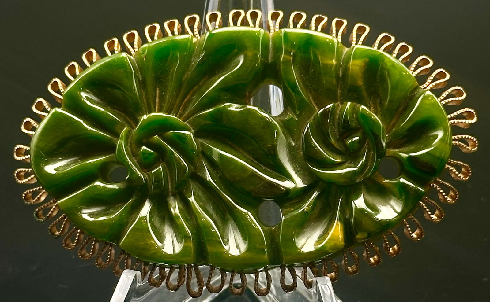 Vintage Carved Green Bakelite Floral Brooch with Gold Fringe (1 of 7)