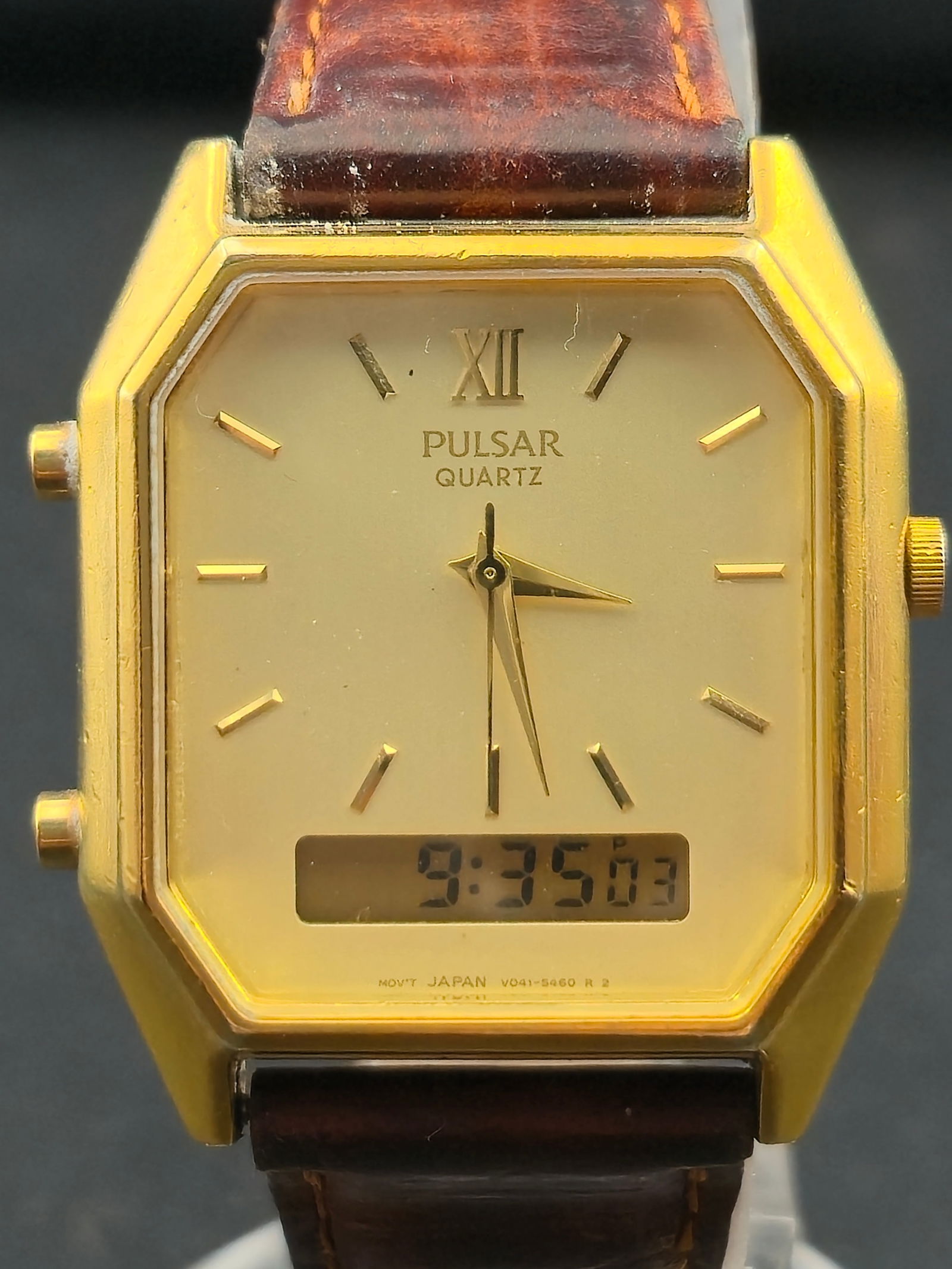 Pulsar Quartz Ana Digi Octagonal Dress Wristwatch Gold Tone Leather Strap 29mm Ref V041 5270 circa 1 (1 of 9)