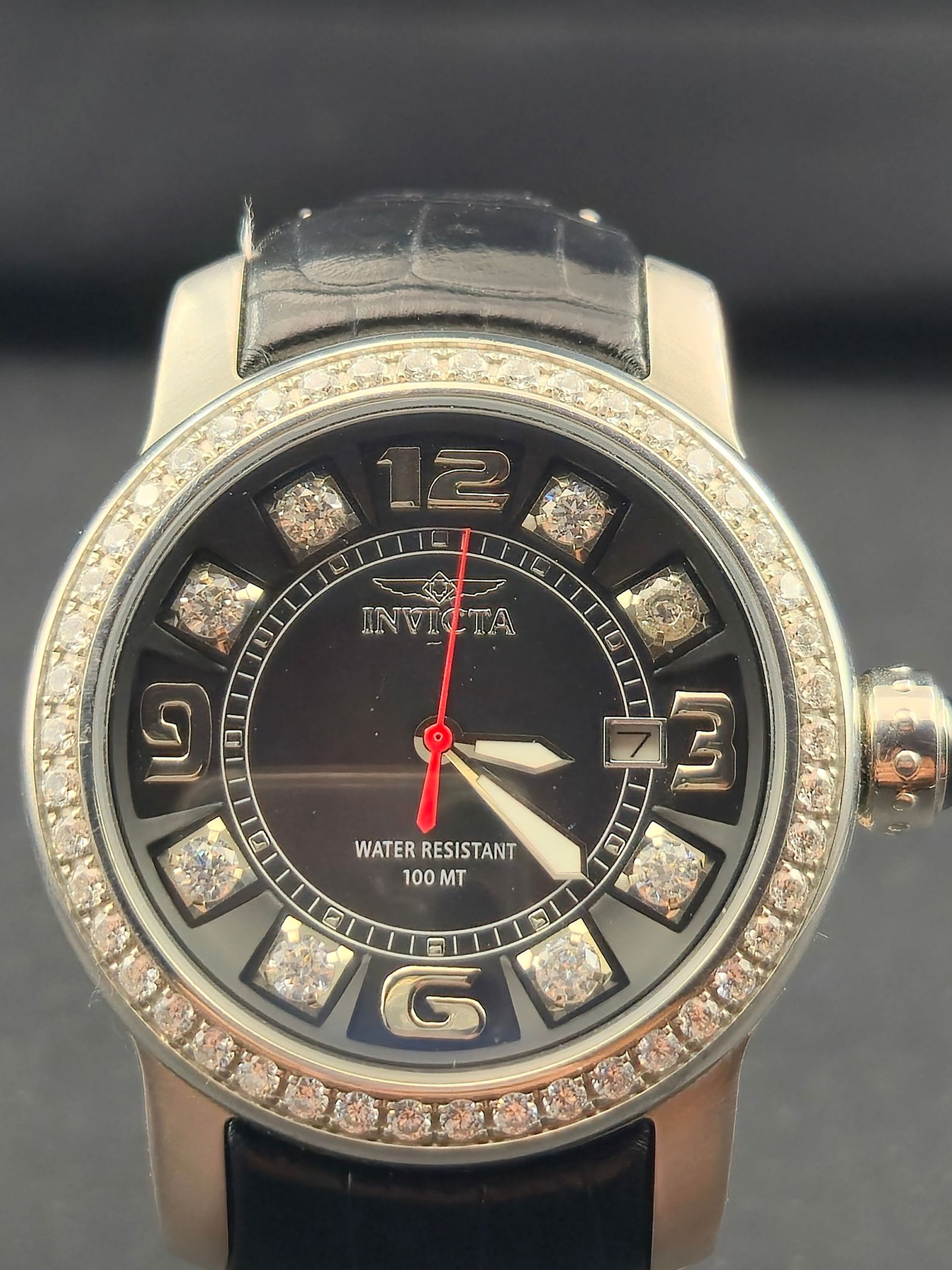 Invicta Quartz Wristwatch Black Dial Decorative Stone Bezel Leather Strap 40mm circa 2000s (1 of 9)